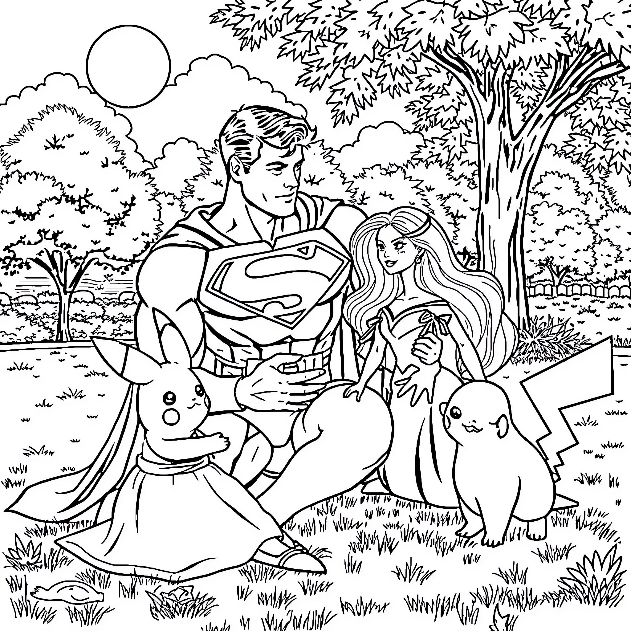 Superman and friends enjoying a day outdoors Coloring Page (free black-and-white line drawing printable PDF for all, from beginners to advanced learners, including children, teens, adults, and seniors)