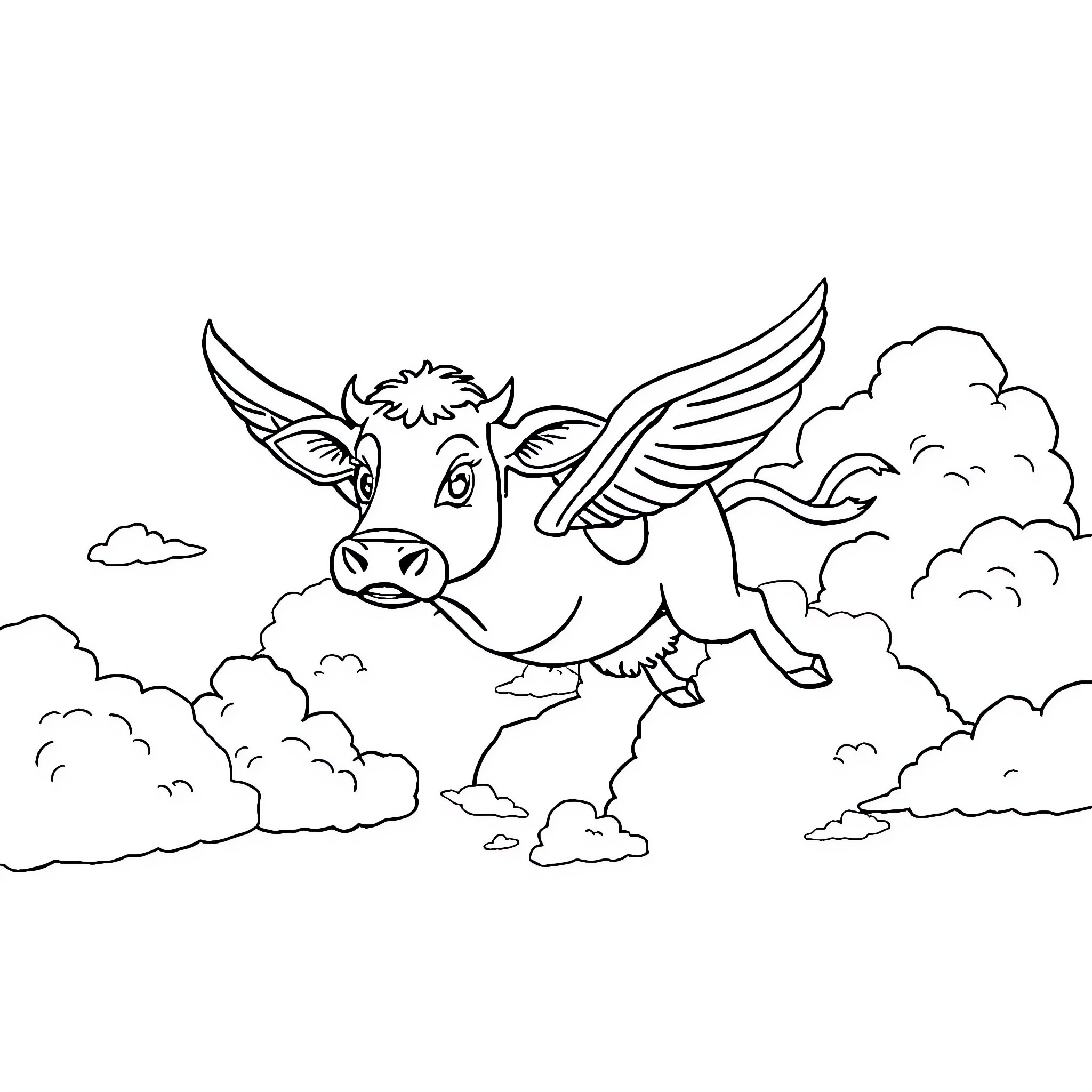 Flying Cow soaring through the clouds Coloring Page (free black-and-white line drawing printable PDF for all, from beginners to advanced learners, including children, teens, adults, and seniors)