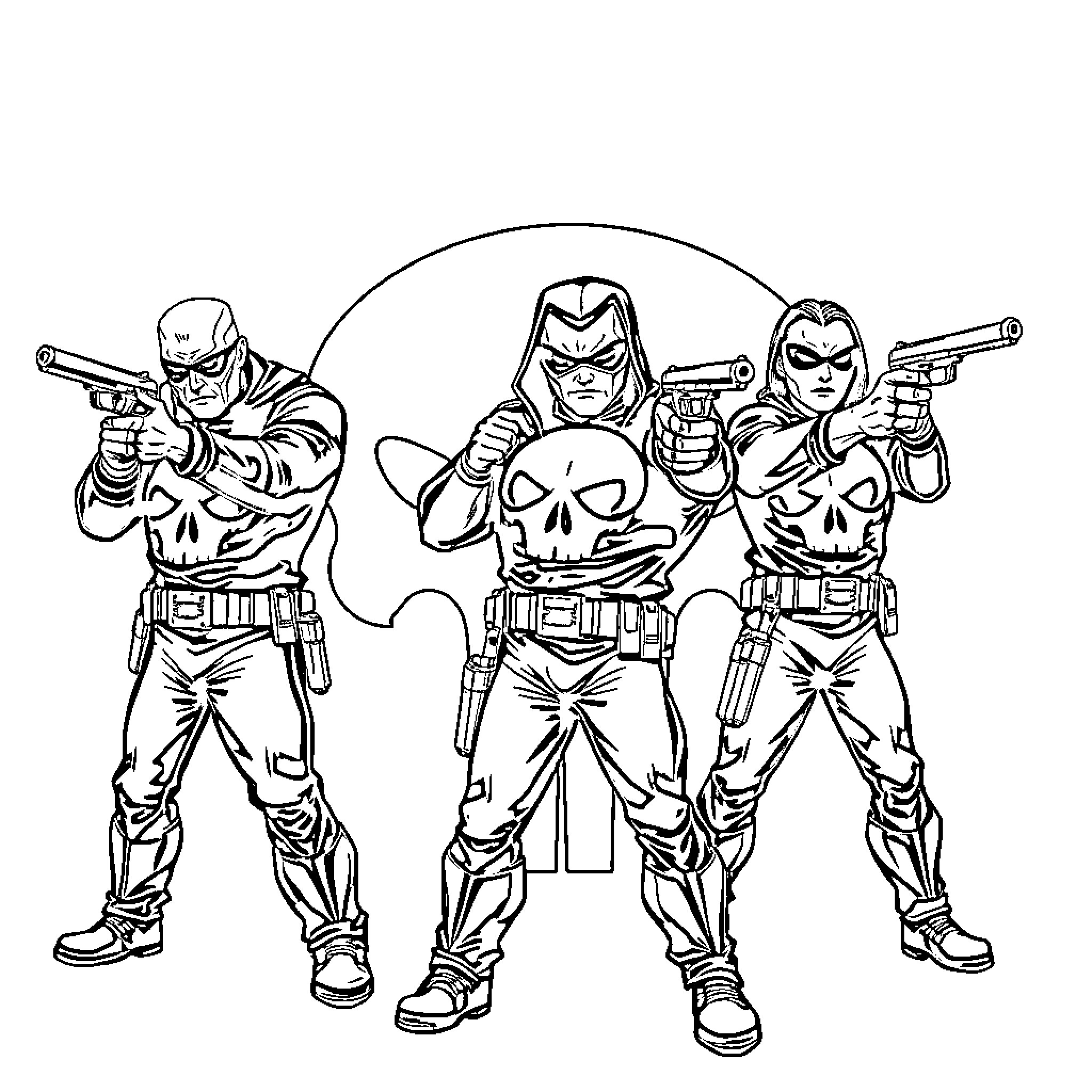 Punisher Squad in Action Coloring Page (free black-and-white line drawing printable PDF for all, from beginners to advanced learners, including children, teens, adults, and seniors)