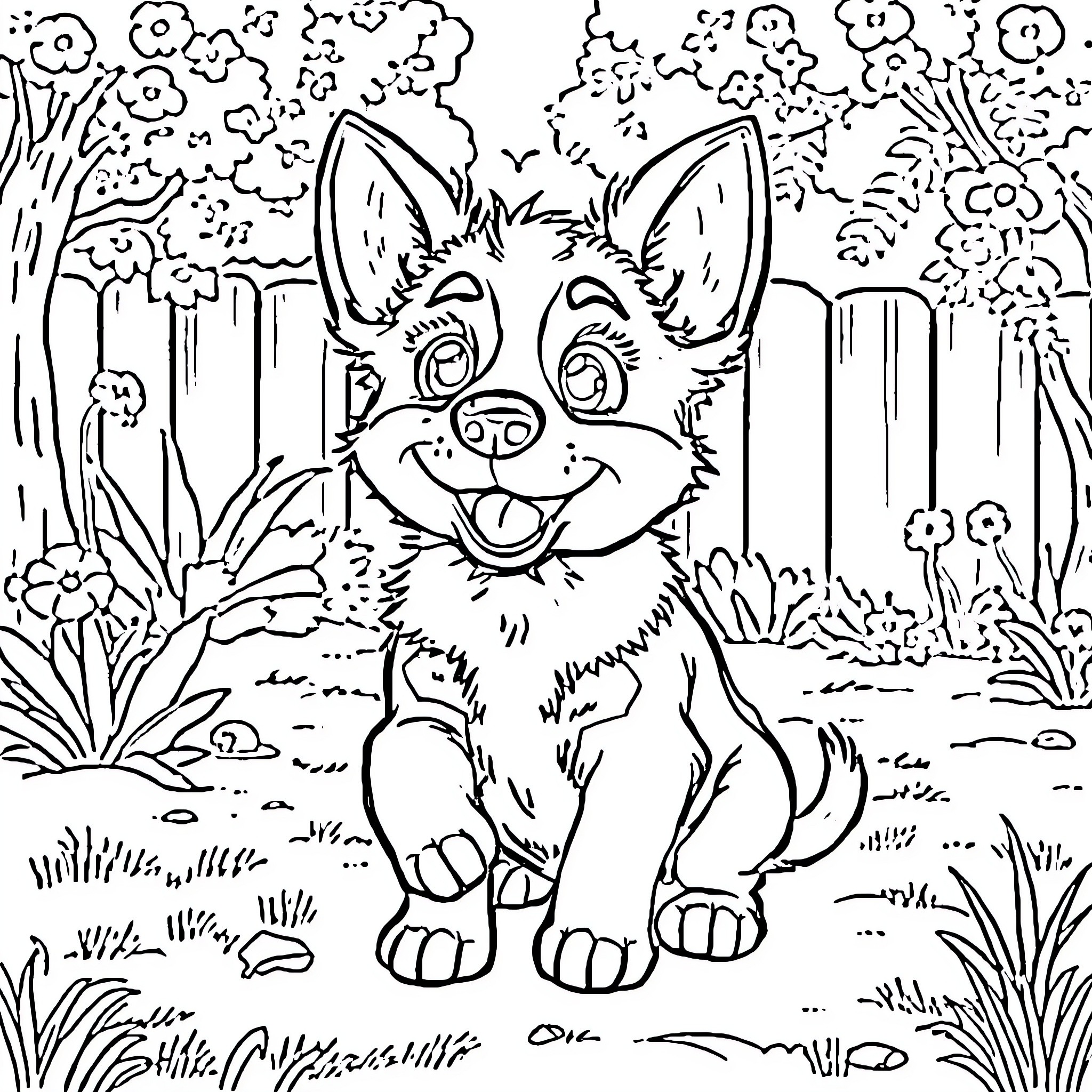 Bluey playing happily in the forest Coloring Page (free black-and-white line drawing printable PDF for all, from beginners to advanced learners, including children, teens, adults, and seniors)