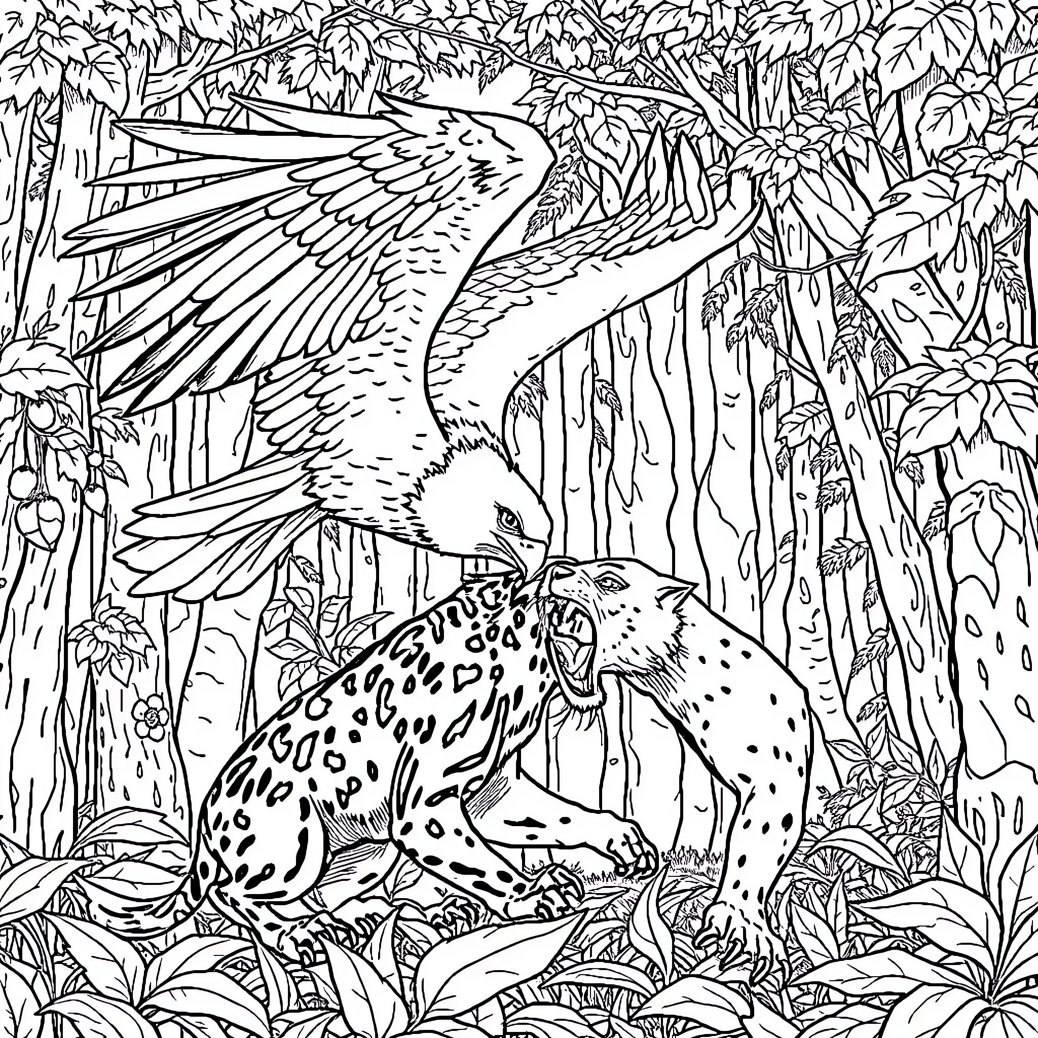 Eagle in the Lush Jungle Landscape Coloring Page (free black-and-white line drawing printable PDF for all, from beginners to advanced learners, including children, teens, adults, and seniors)