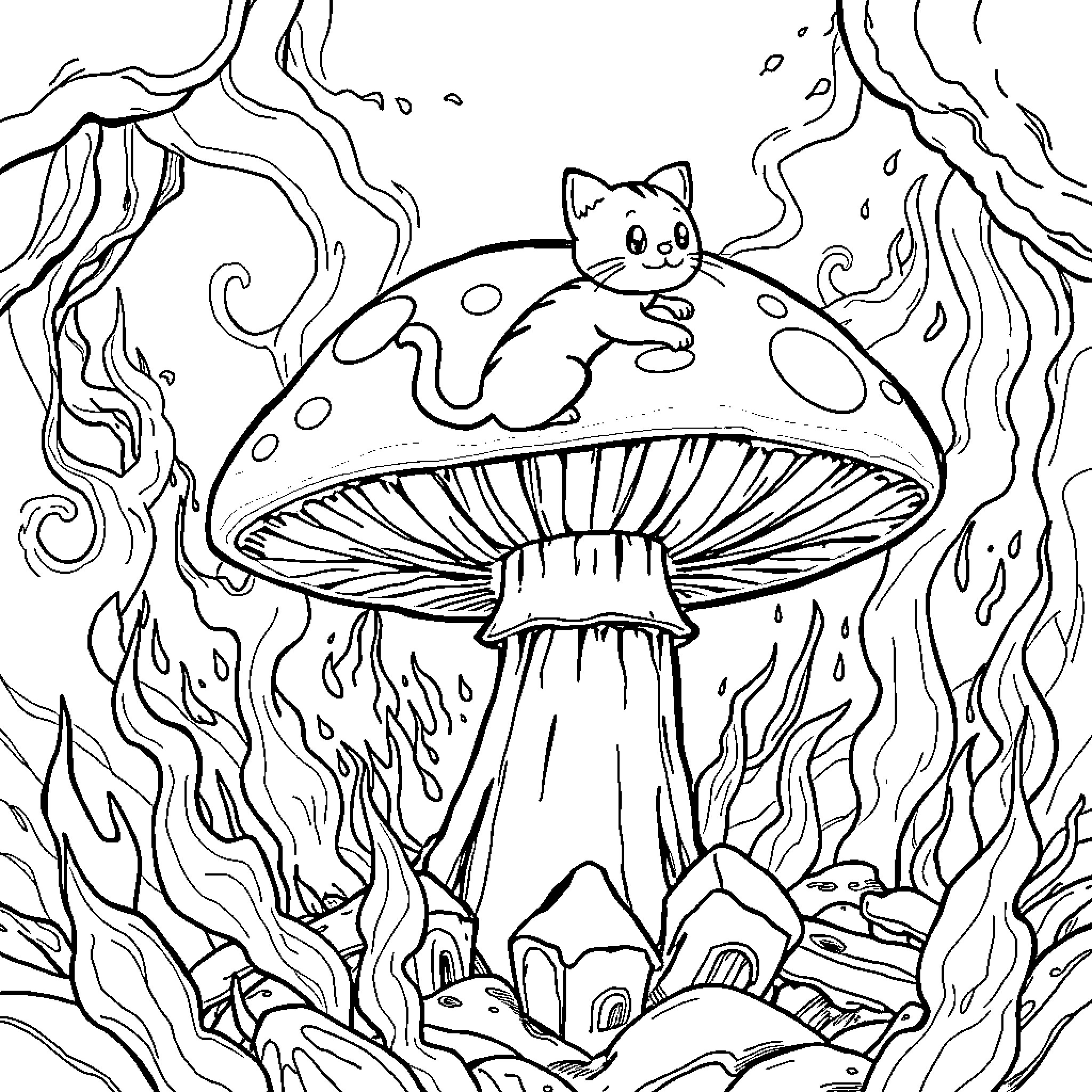 Cat exploring the enchanted mushroom forest Coloring Page (free black-and-white line drawing printable PDF for all, from beginners to advanced learners, including children, teens, adults, and seniors)