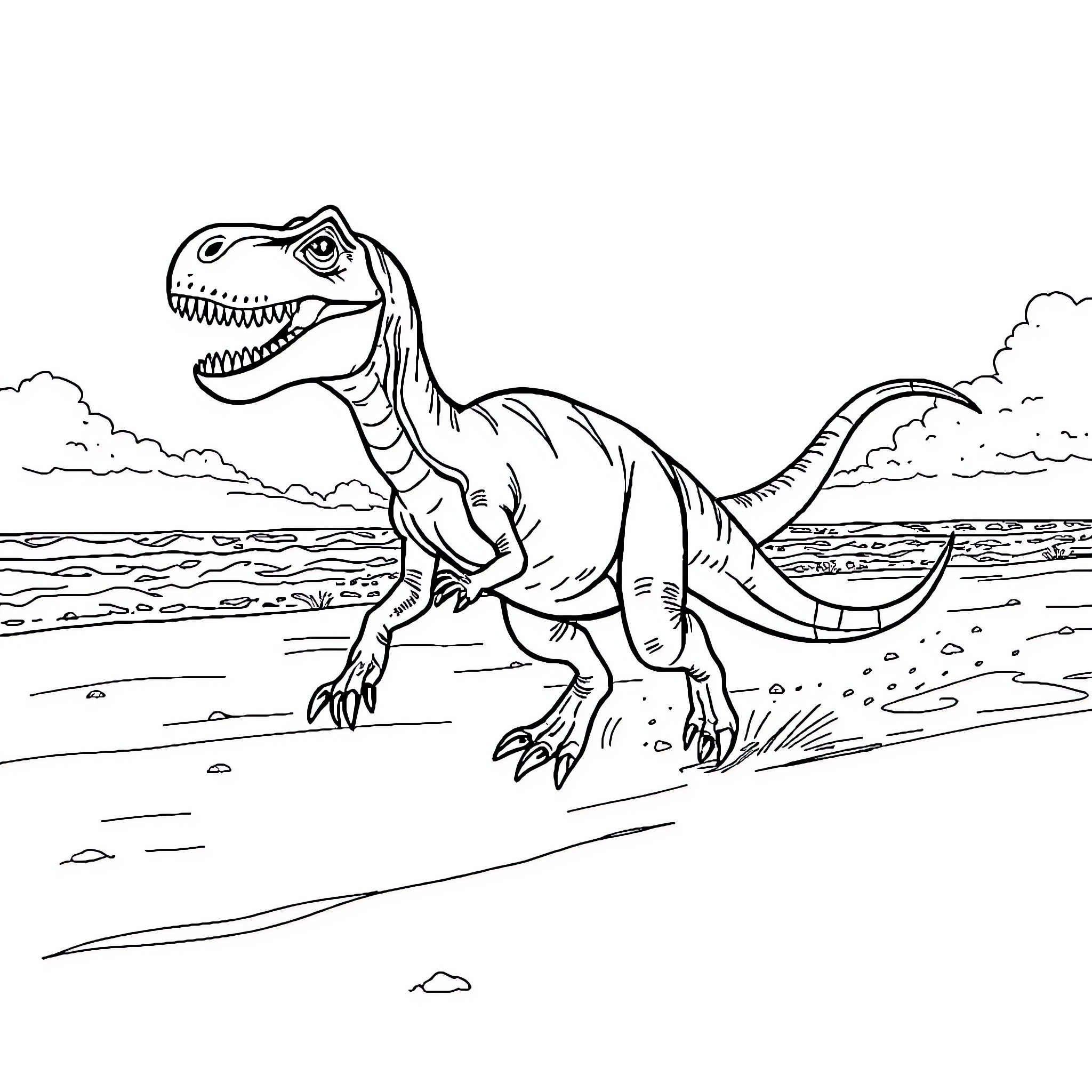 Dinosaur roaring in a natural landscape Coloring Page (free black-and-white line drawing printable PDF for all, from beginners to advanced learners, including children, teens, adults, and seniors)
