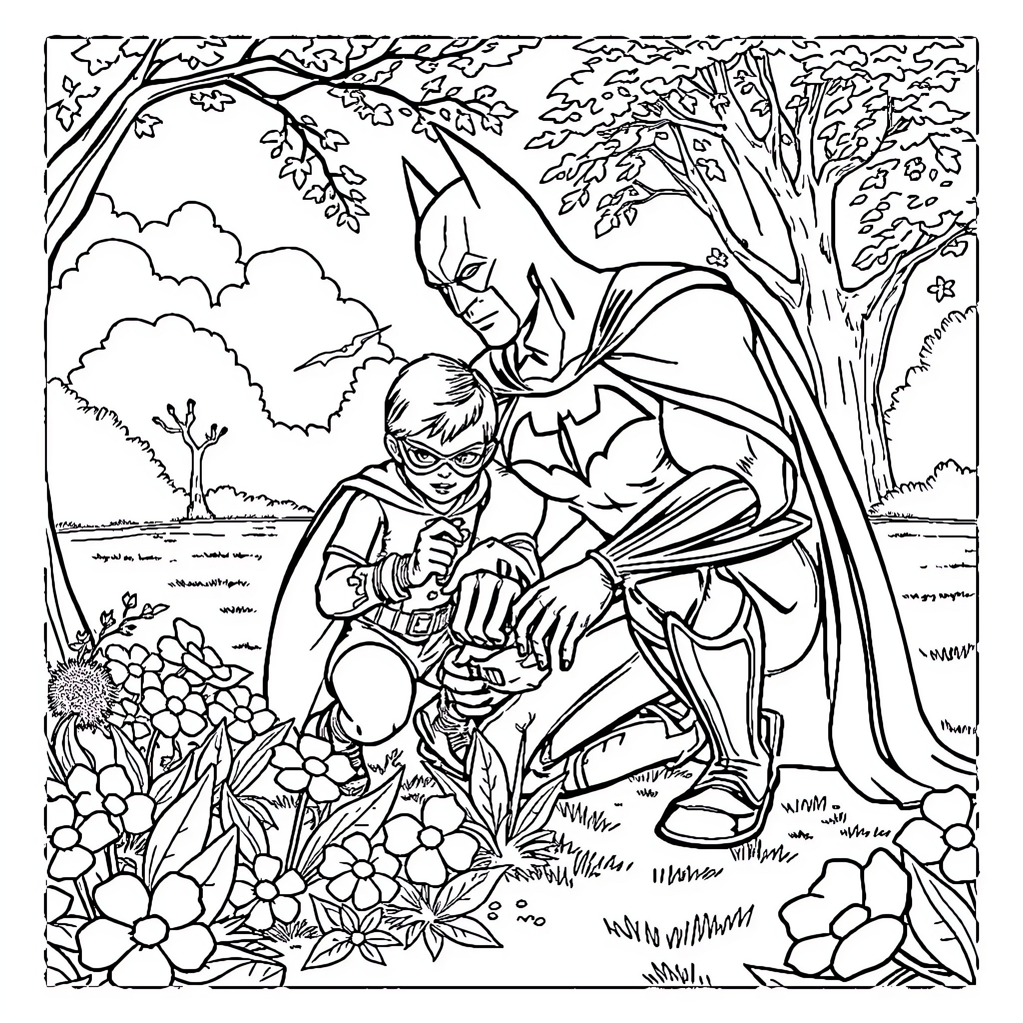 Batman helping injured person in nature Coloring Page (free black-and-white line drawing printable PDF for all, from beginners to advanced learners, including children, teens, adults, and seniors)