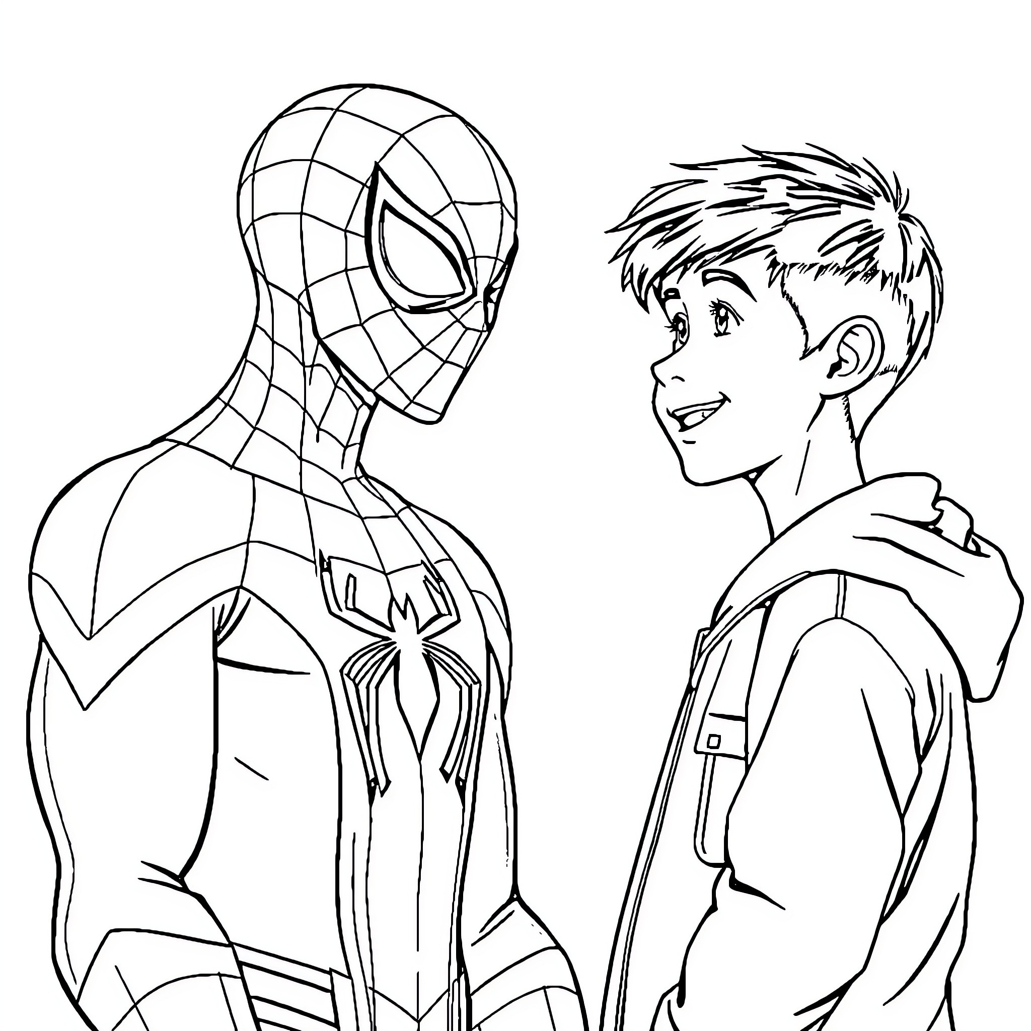 Spider-Man and a young boy in conversation Coloring Page (free black-and-white line drawing printable PDF for all, from beginners to advanced learners, including children, teens, adults, and seniors)