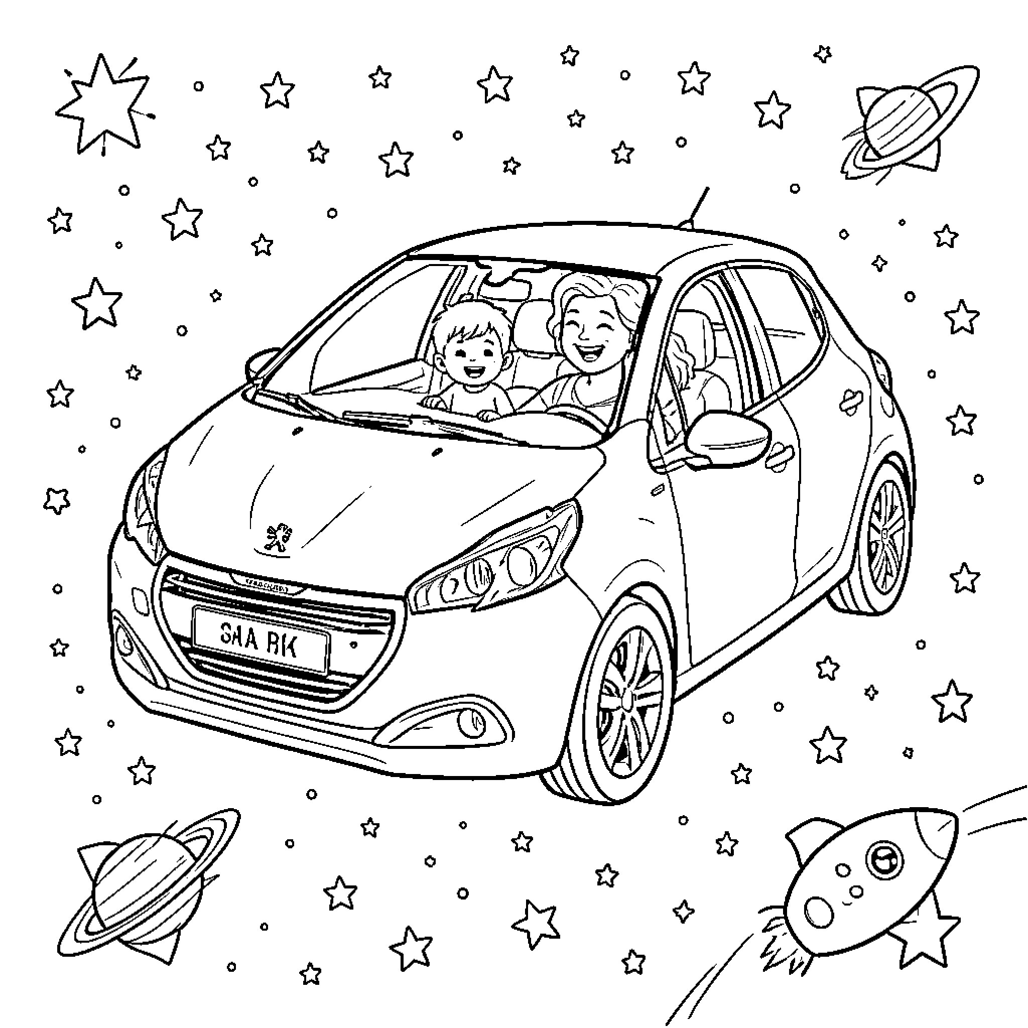 Peugeot driving through a magical space scene Coloring Page (free black-and-white line drawing printable PDF for all, from beginners to advanced learners, including children, teens, adults, and seniors)