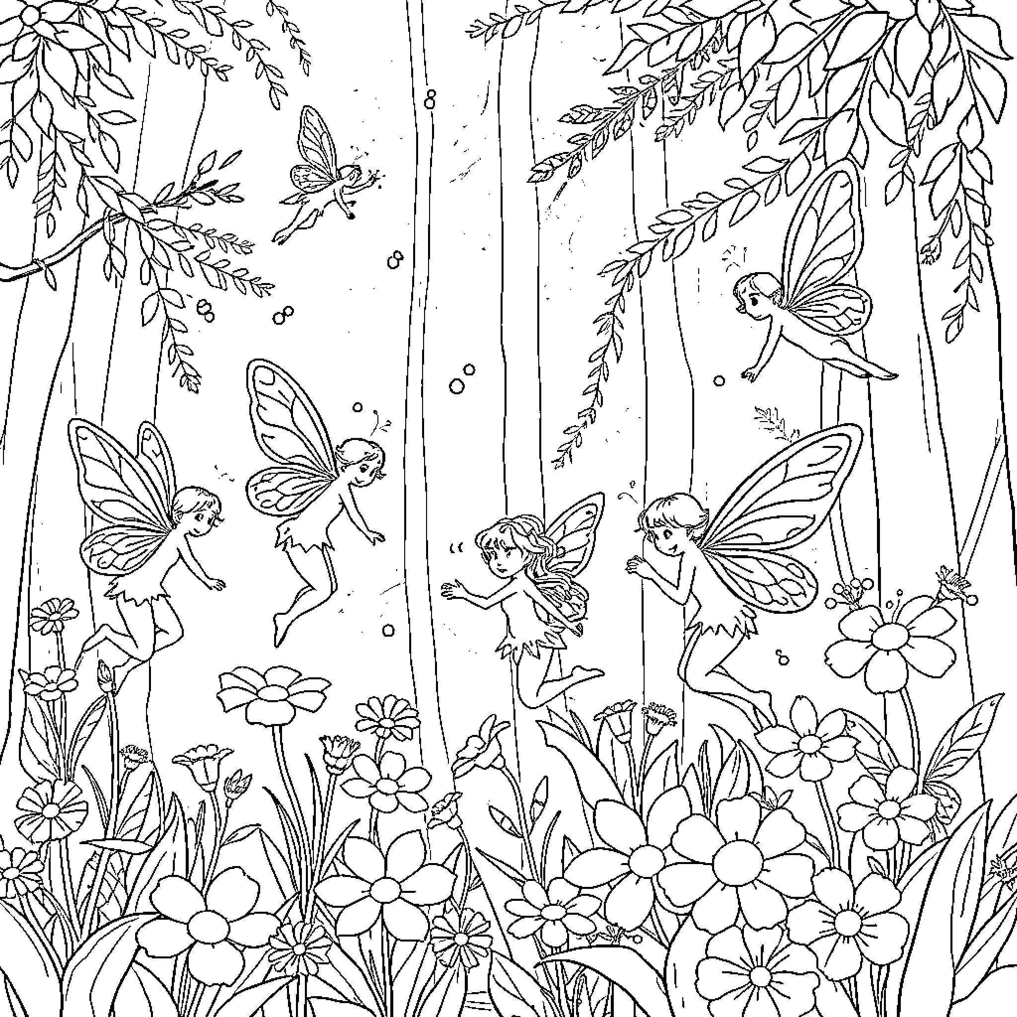 Fairy creatures playing in a magical forest Coloring Page (free black-and-white line drawing printable PDF for all, from beginners to advanced learners, including children, teens, adults, and seniors)