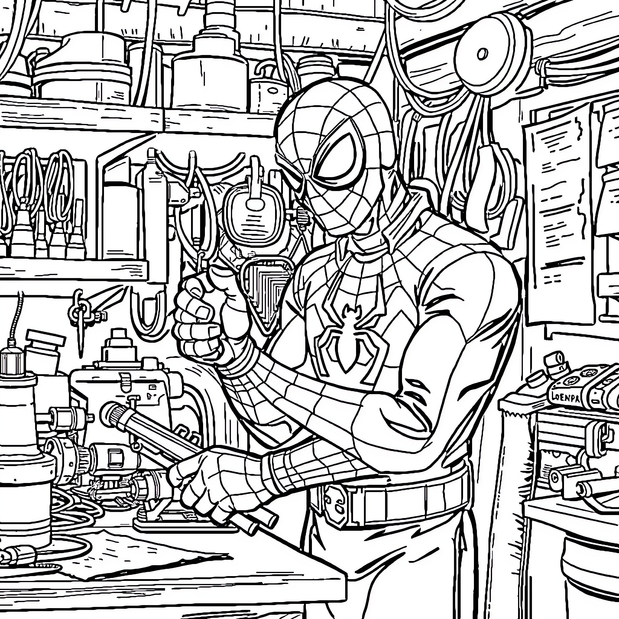 Spider-Man at Work in His Workshop Coloring Page (free black-and-white line drawing printable PDF for all, from beginners to advanced learners, including children, teens, adults, and seniors)