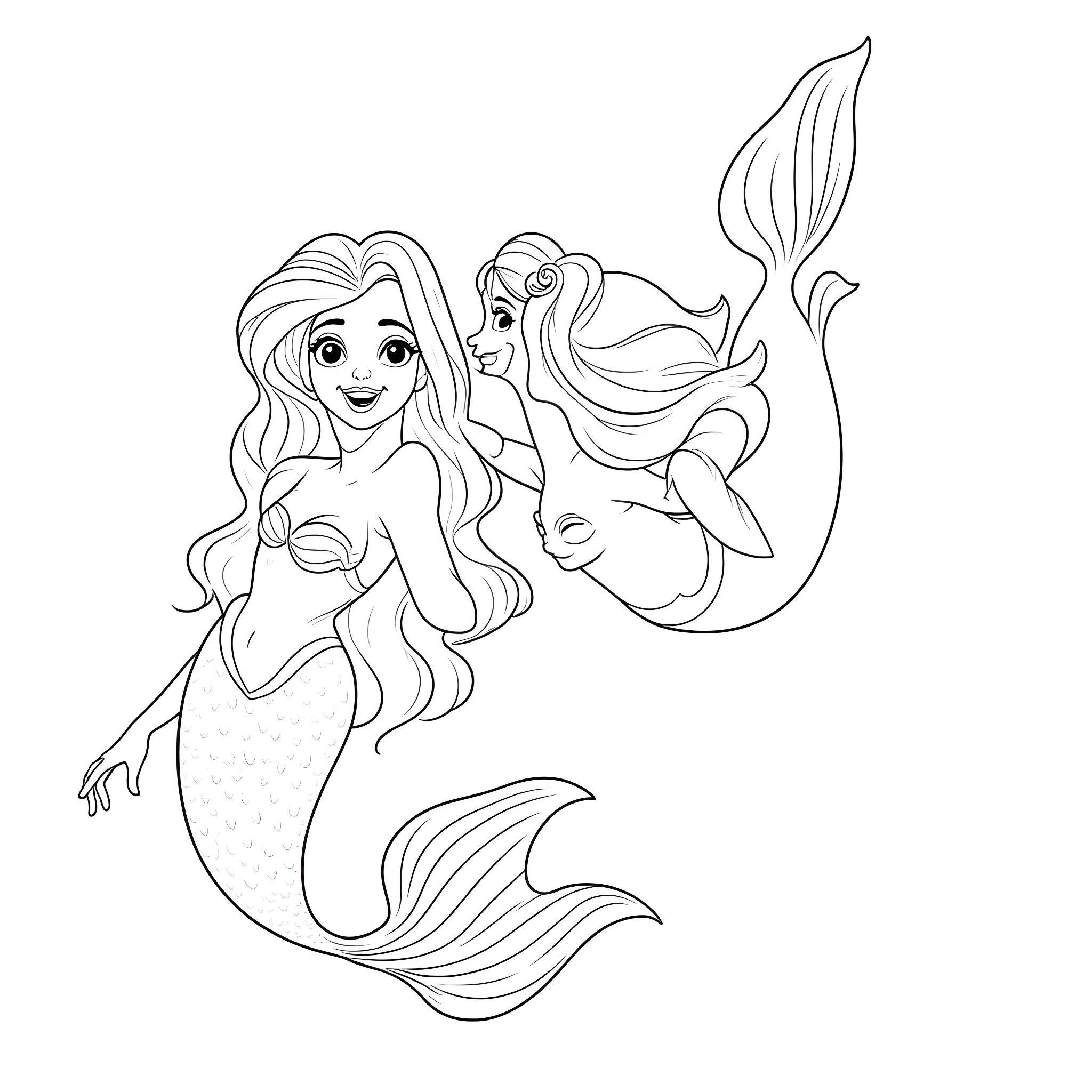 Mermaid sisters swimming in the ocean Coloring Page (free black-and-white line drawing printable PDF for all, from beginners to advanced learners, including children, teens, adults, and seniors)