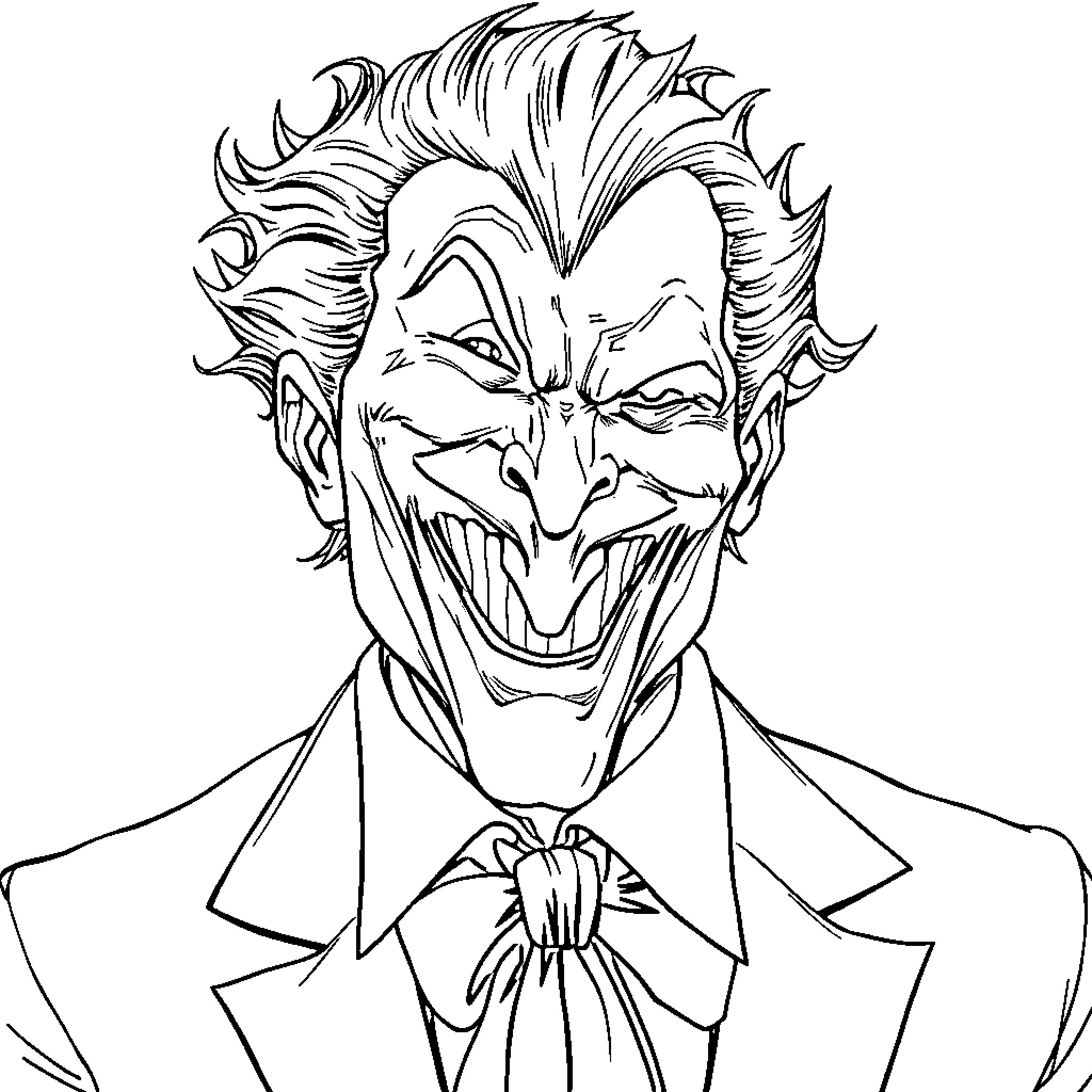 Joker's Devilish Grin: A Villain Unmasked Coloring Page (free black-and-white line drawing printable PDF for all, from beginners to advanced learners, including children, teens, adults, and seniors)