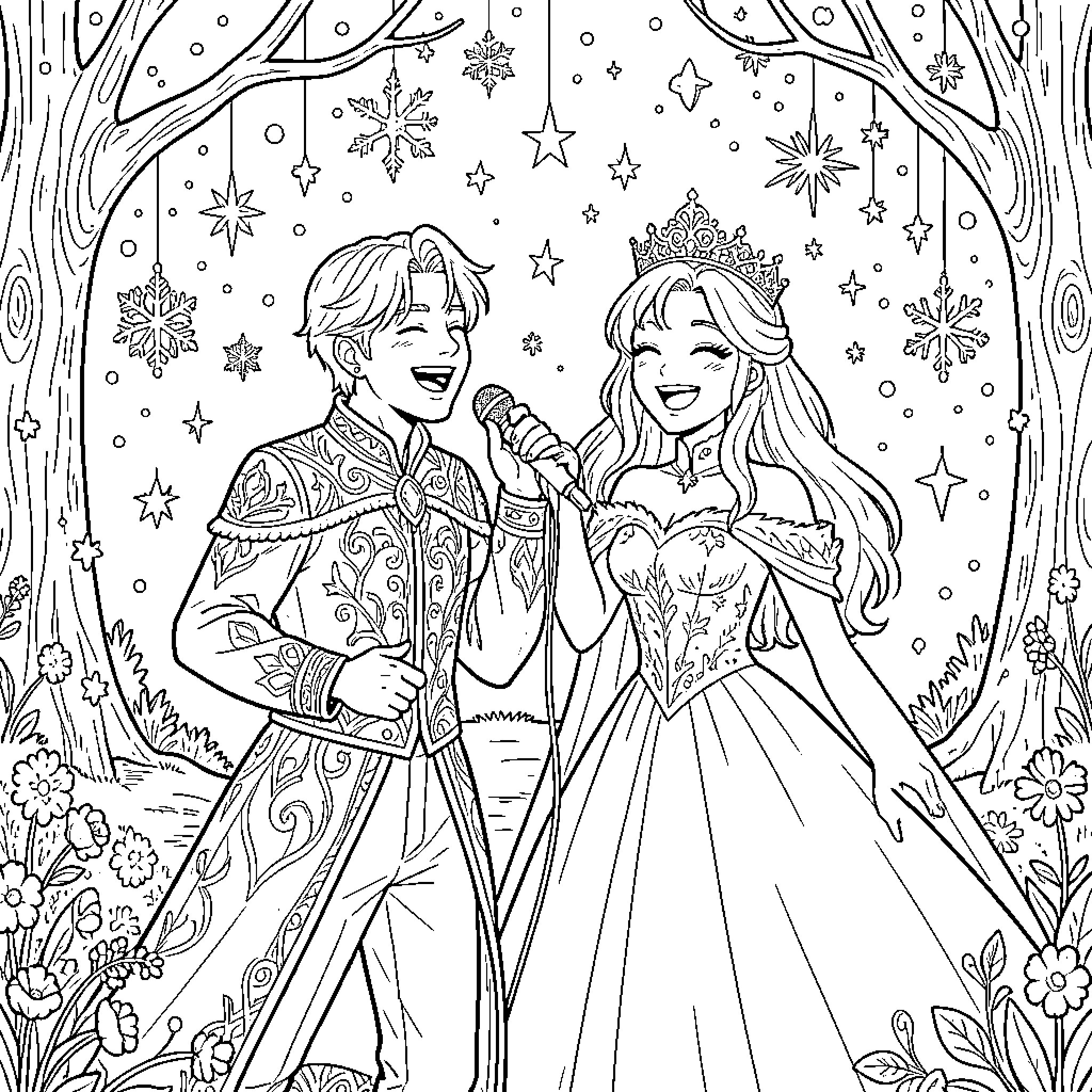 Romi singing joyfully with a partner in a forest Coloring Page (free black-and-white line drawing printable PDF for all, from beginners to advanced learners, including children, teens, adults, and seniors)