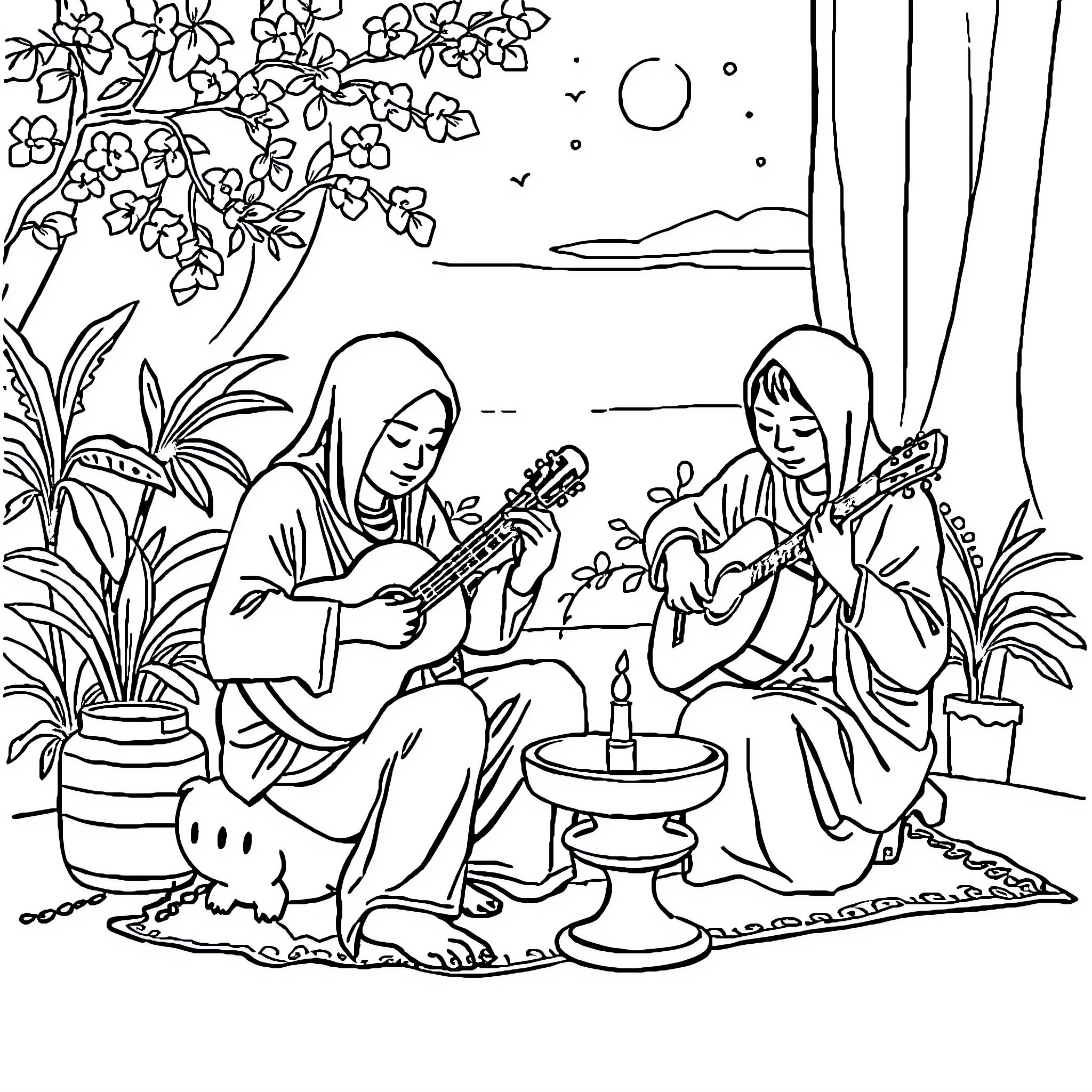 Sahur with Music and Companionship Coloring Page (free black-and-white line drawing printable PDF for all, from beginners to advanced learners, including children, teens, adults, and seniors)