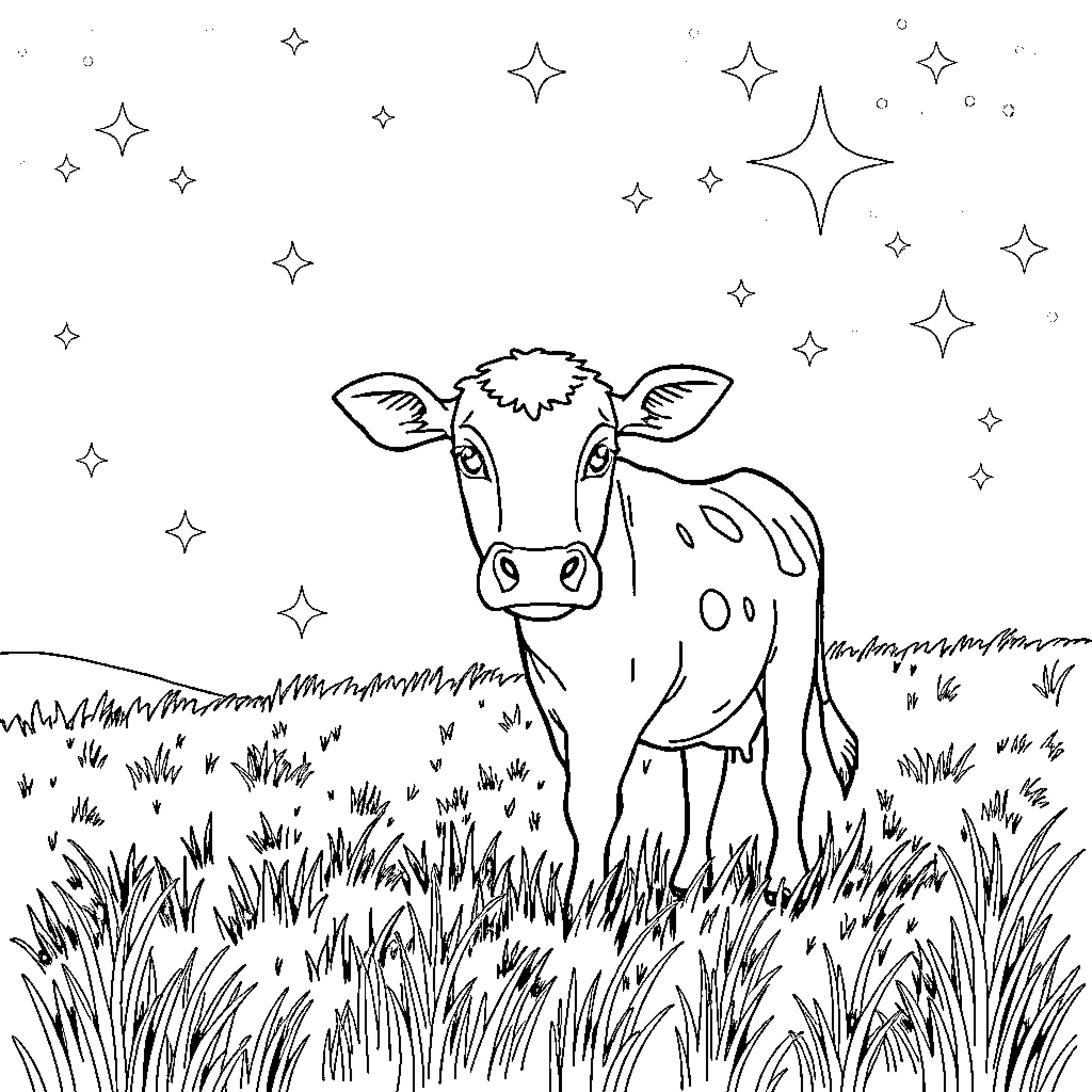 Cow gazing at the starry night sky Coloring Page (free black-and-white line drawing printable PDF for all, from beginners to advanced learners, including children, teens, adults, and seniors)