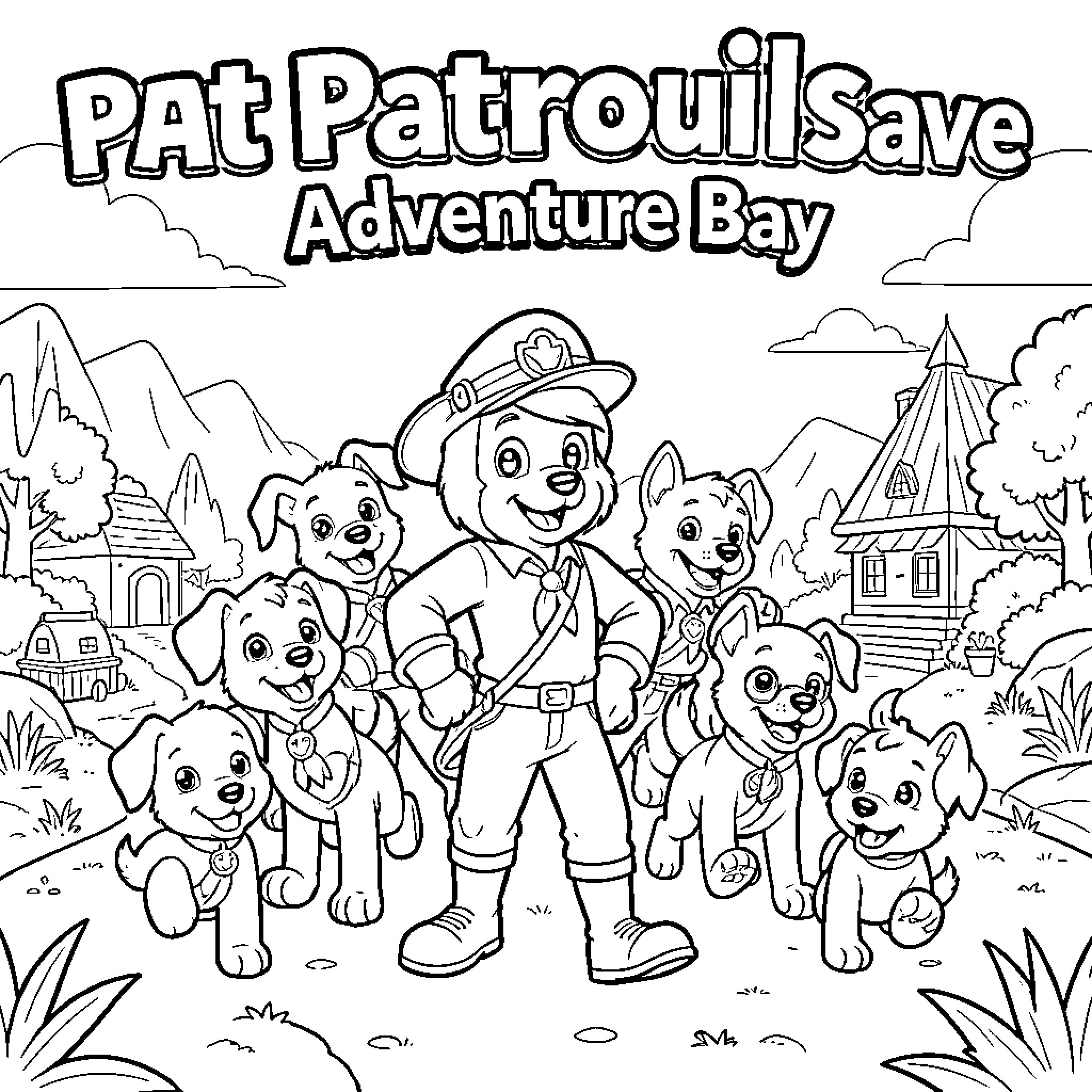 Paw Patrol characters posing together in Adventure Bay Coloring Page (free black-and-white line drawing printable PDF for all, from beginners to advanced learners, including children, teens, adults, and seniors)