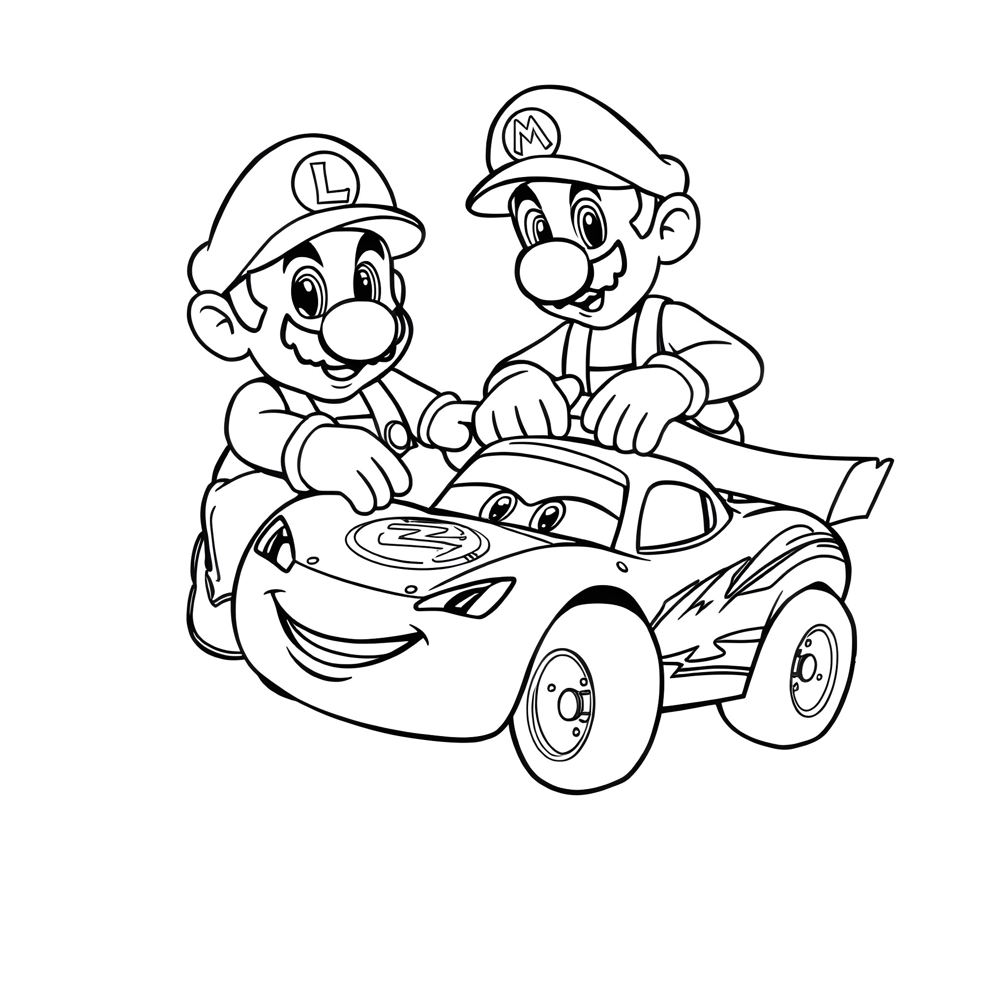 Mario and Luigi driving a cheerful car Coloring Page (free black-and-white line drawing printable PDF for all, from beginners to advanced learners, including children, teens, adults, and seniors)