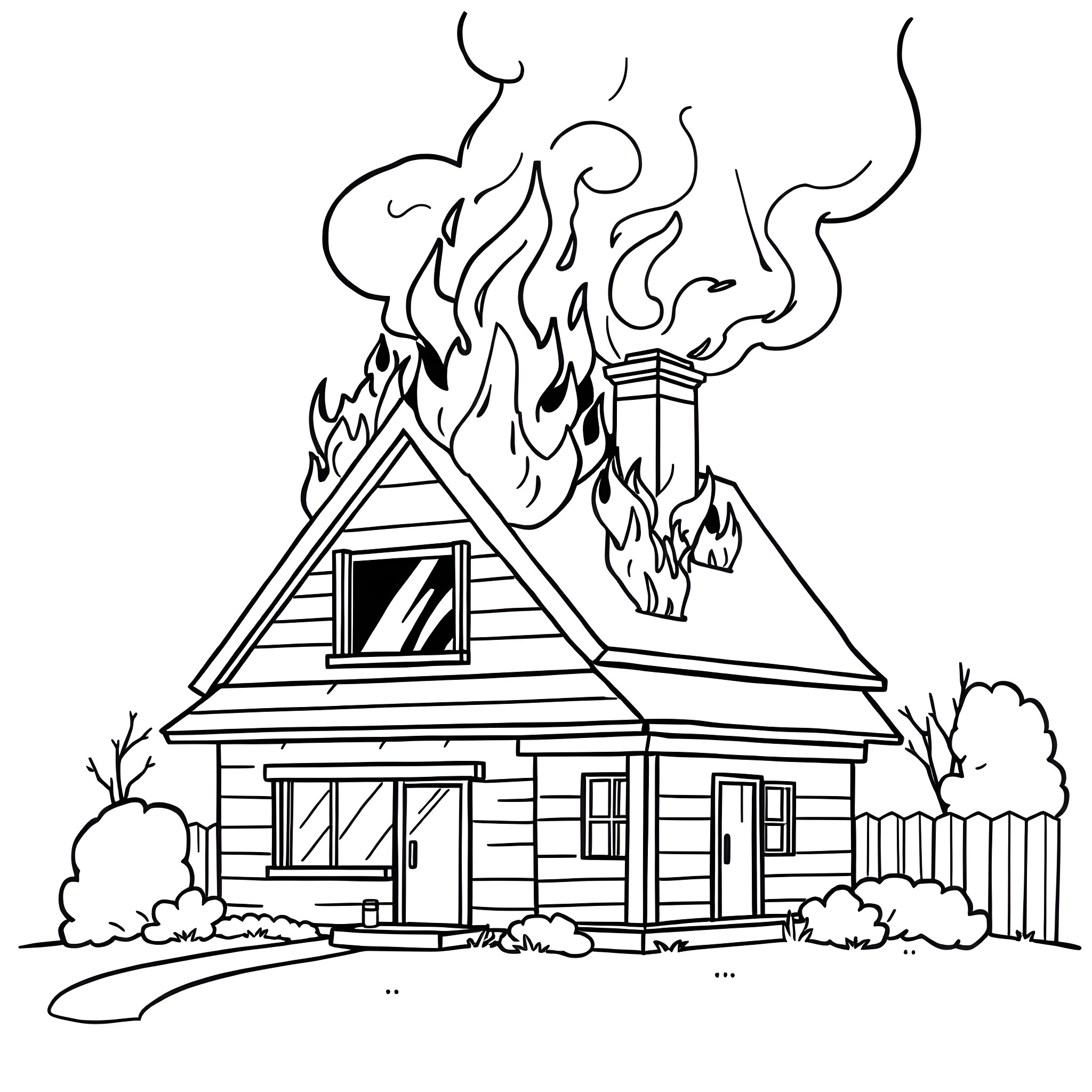 House burning in the countryside Coloring Page (free black-and-white line drawing printable PDF for all, from beginners to advanced learners, including children, teens, adults, and seniors)