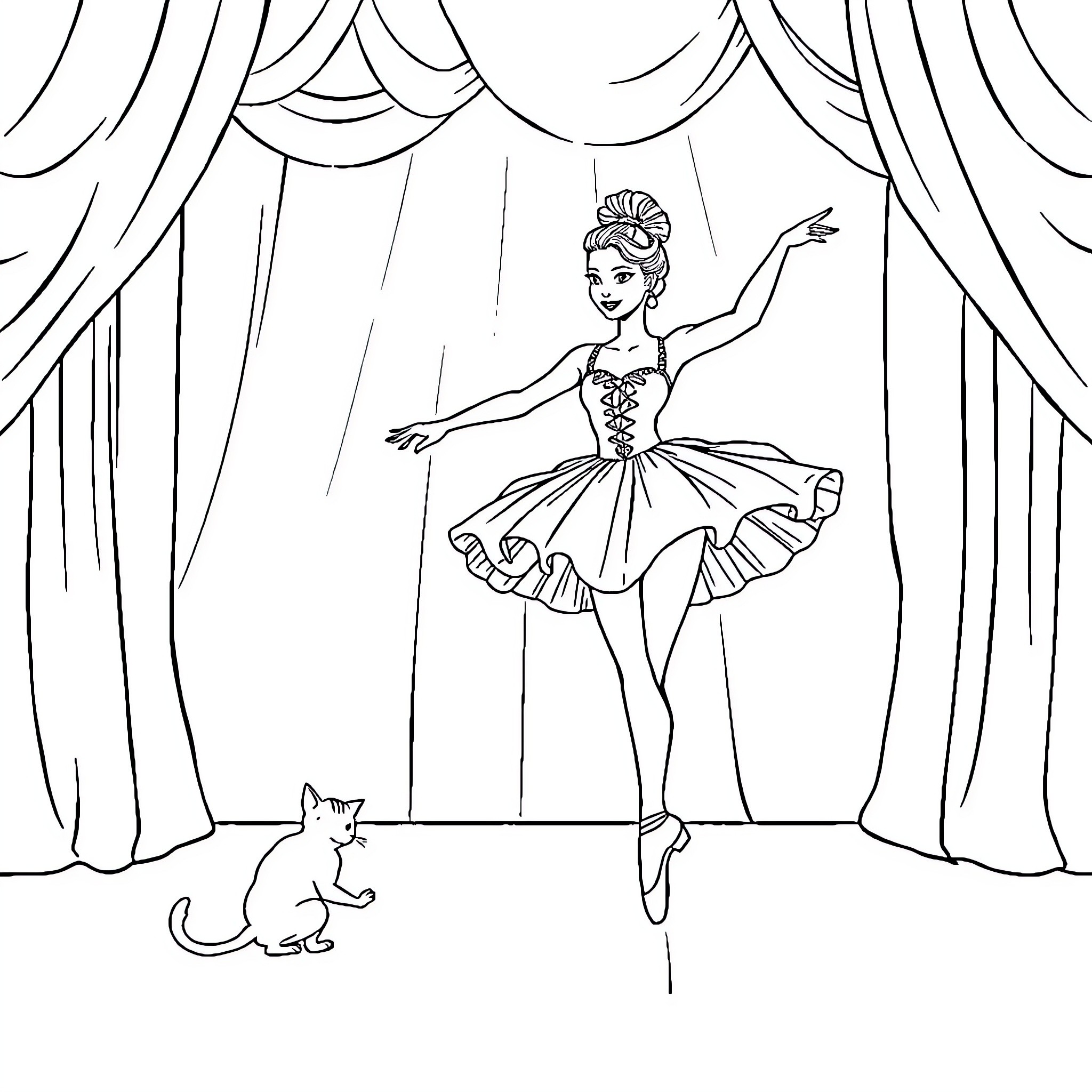 Ballerina performing gracefully on stage with cat Coloring Page (free black-and-white line drawing printable PDF for all, from beginners to advanced learners, including children, teens, adults, and seniors)
