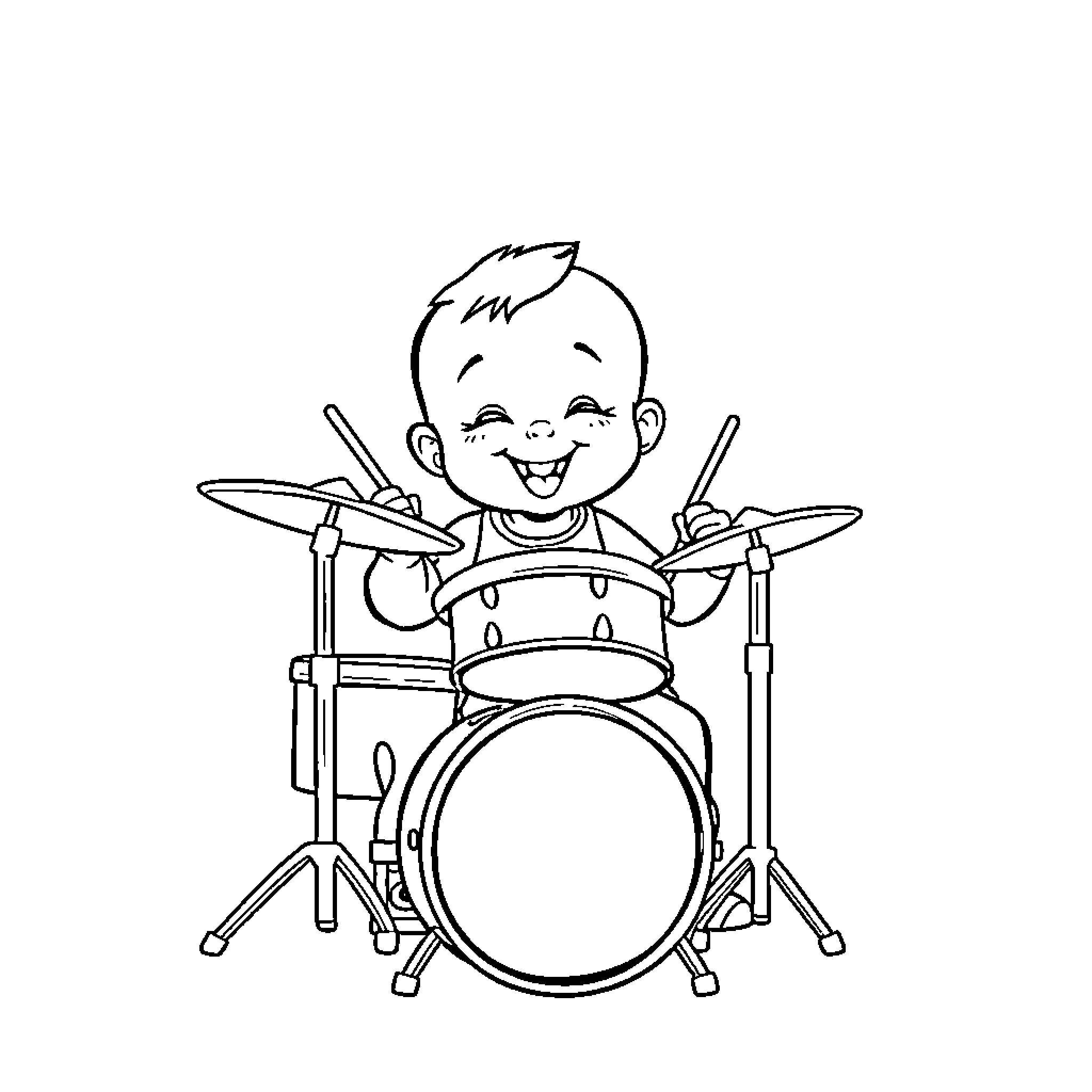 Baby playing happily on the drums Coloring Page (free black-and-white line drawing printable PDF for all, from beginners to advanced learners, including children, teens, adults, and seniors)