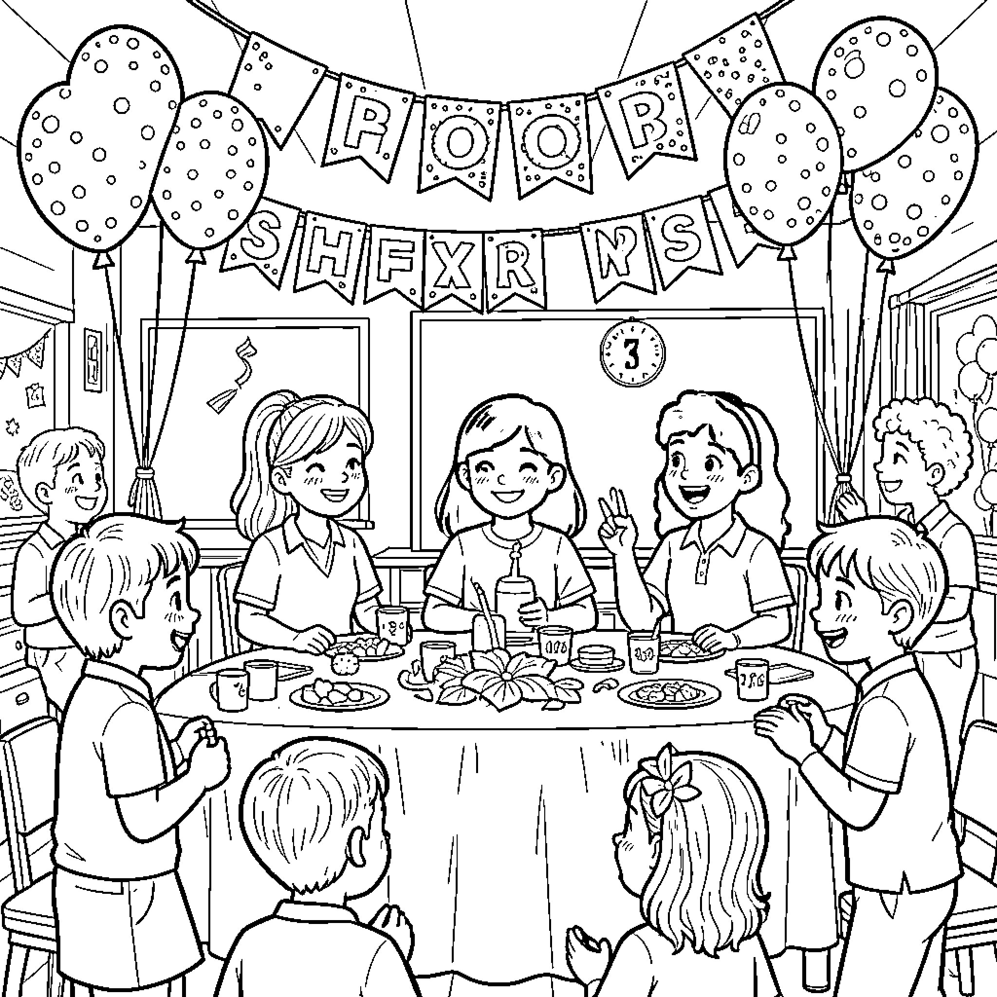 Dot children celebrating a birthday party around a table Coloring Page (free black-and-white line drawing printable PDF for all, from beginners to advanced learners, including children, teens, adults, and seniors)