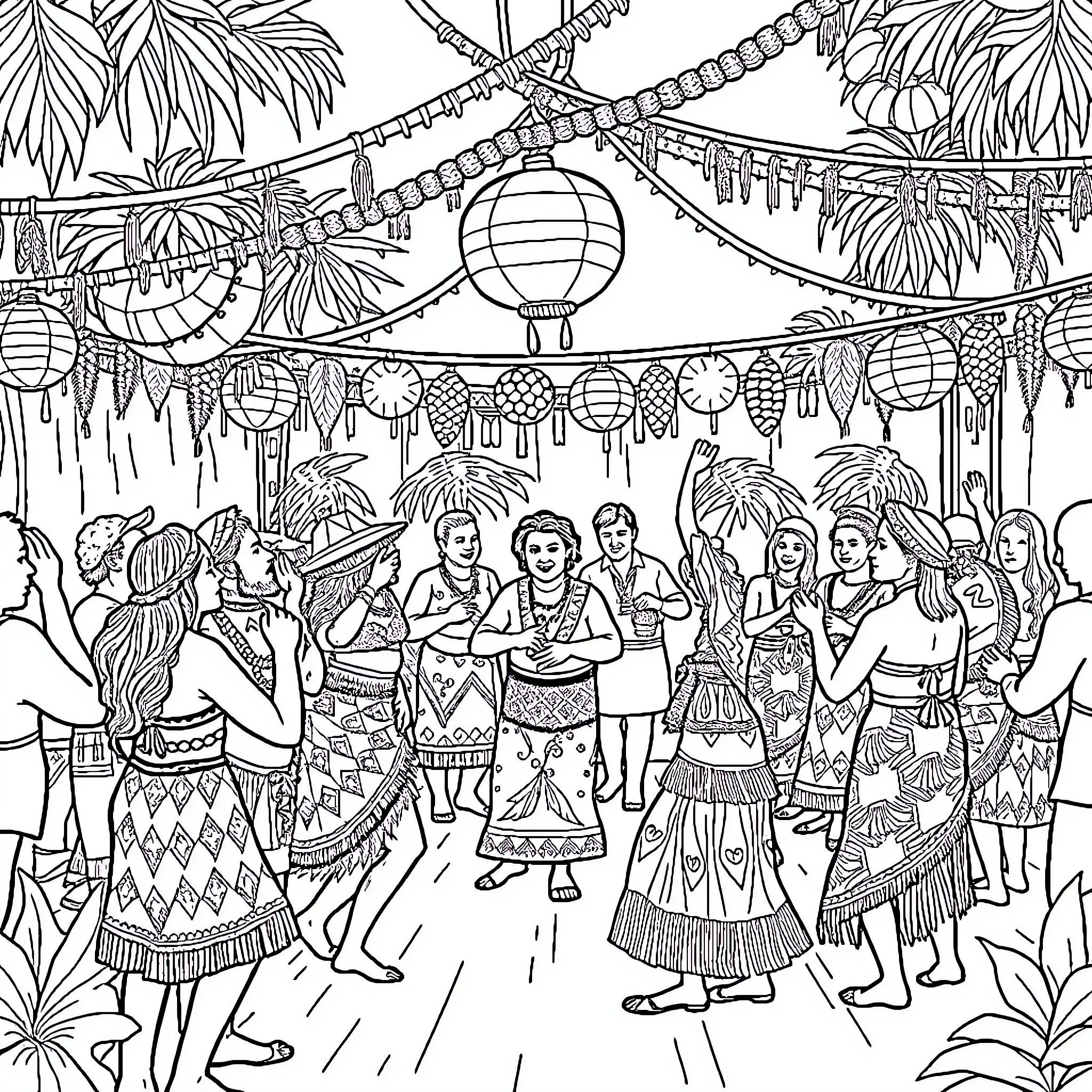 Marshallese festival with vibrant cultural displays Coloring Page (free black-and-white line drawing printable PDF for all, from beginners to advanced learners, including children, teens, adults, and seniors)