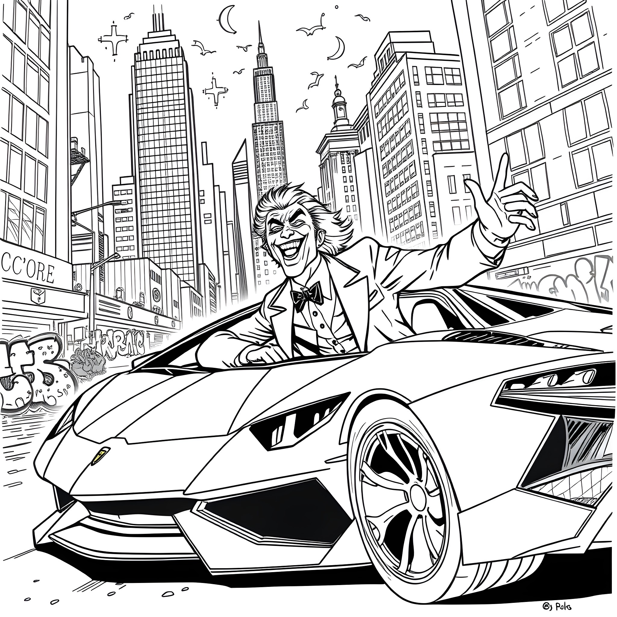 Joker driving a sports car through the city Coloring Page (free black-and-white line drawing printable PDF for all, from beginners to advanced learners, including children, teens, adults, and seniors)