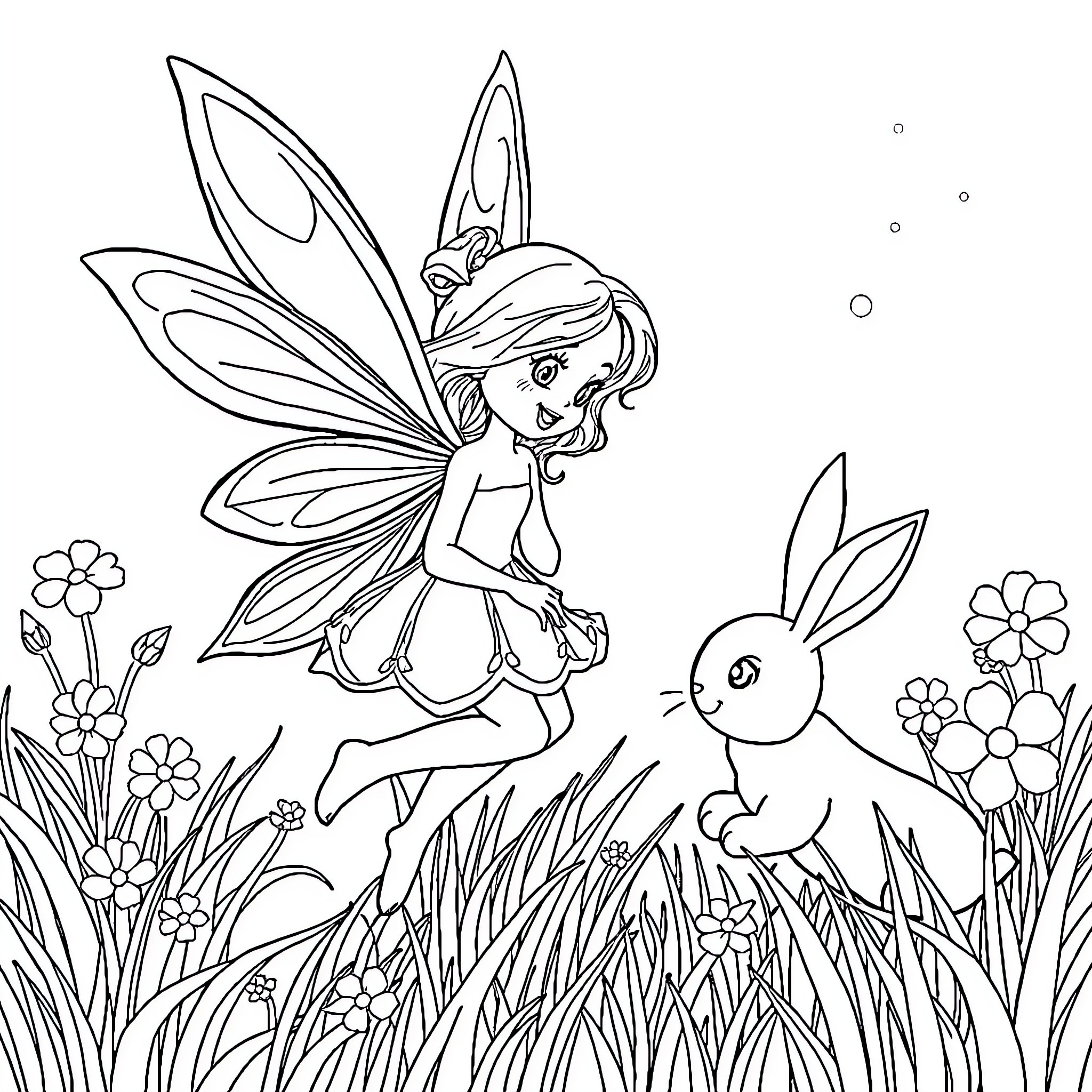 Fairy playing with a rabbit in a meadow Coloring Page (free black-and-white line drawing printable PDF for all, from beginners to advanced learners, including children, teens, adults, and seniors)
