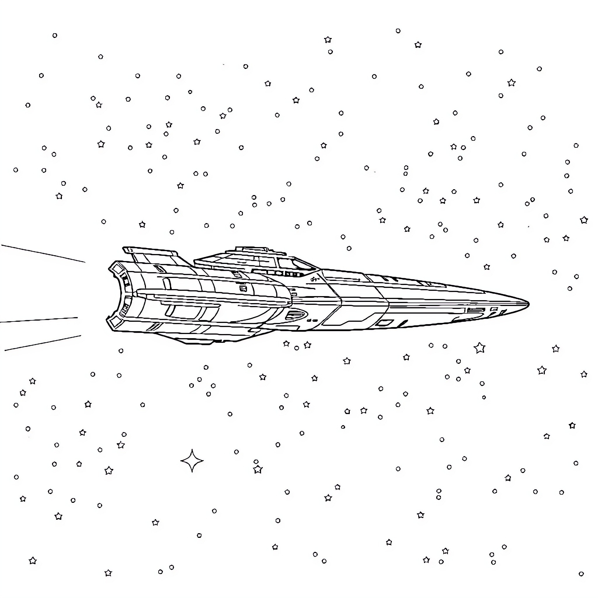Serenity of a Futuristic Spacecraft in the Starry Void Coloring Page (free black-and-white line drawing printable PDF for all, from beginners to advanced learners, including children, teens, adults, and seniors)