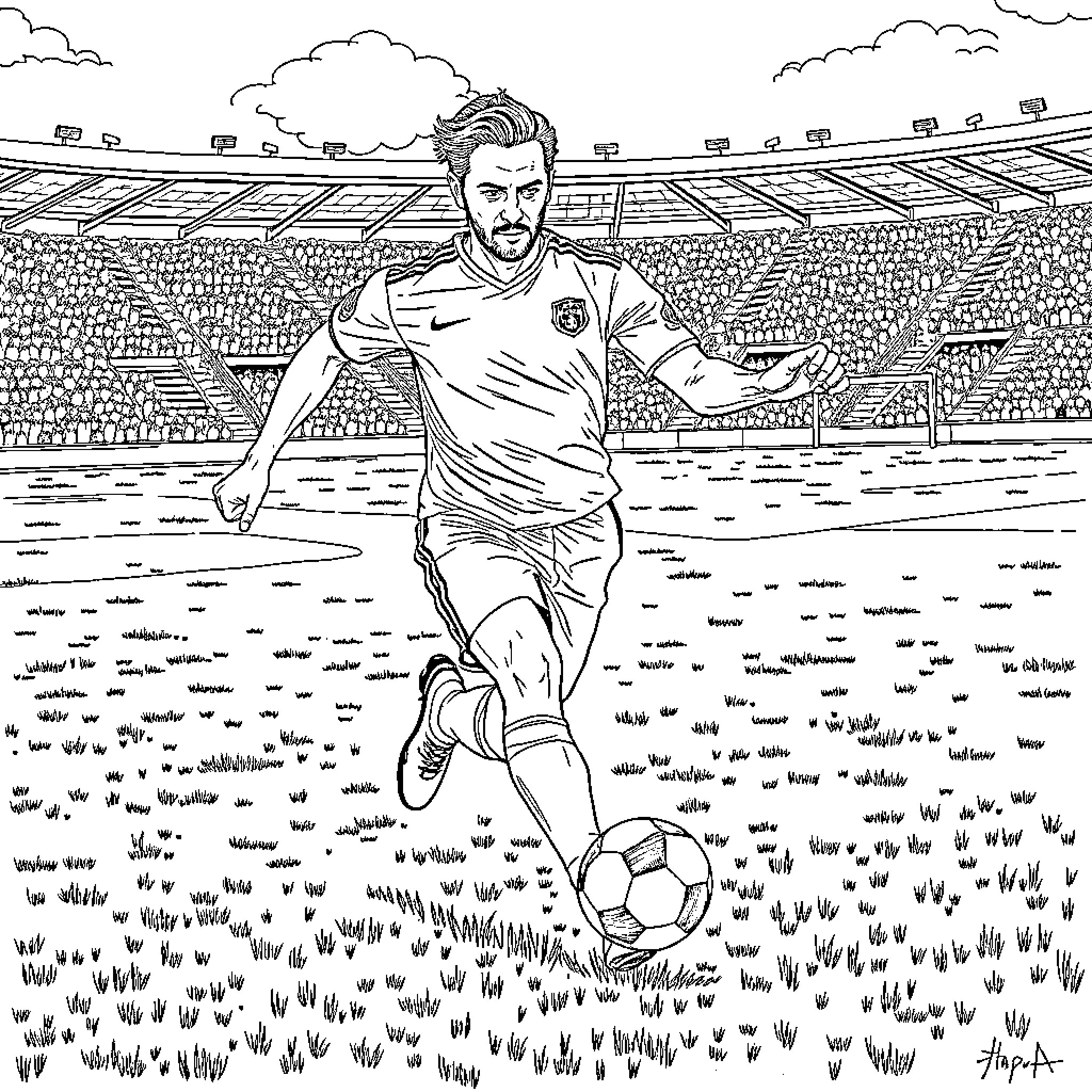Tom Hiddleston as a soccer player on the field Coloring Page (free black-and-white line drawing printable PDF for all, from beginners to advanced learners, including children, teens, adults, and seniors)