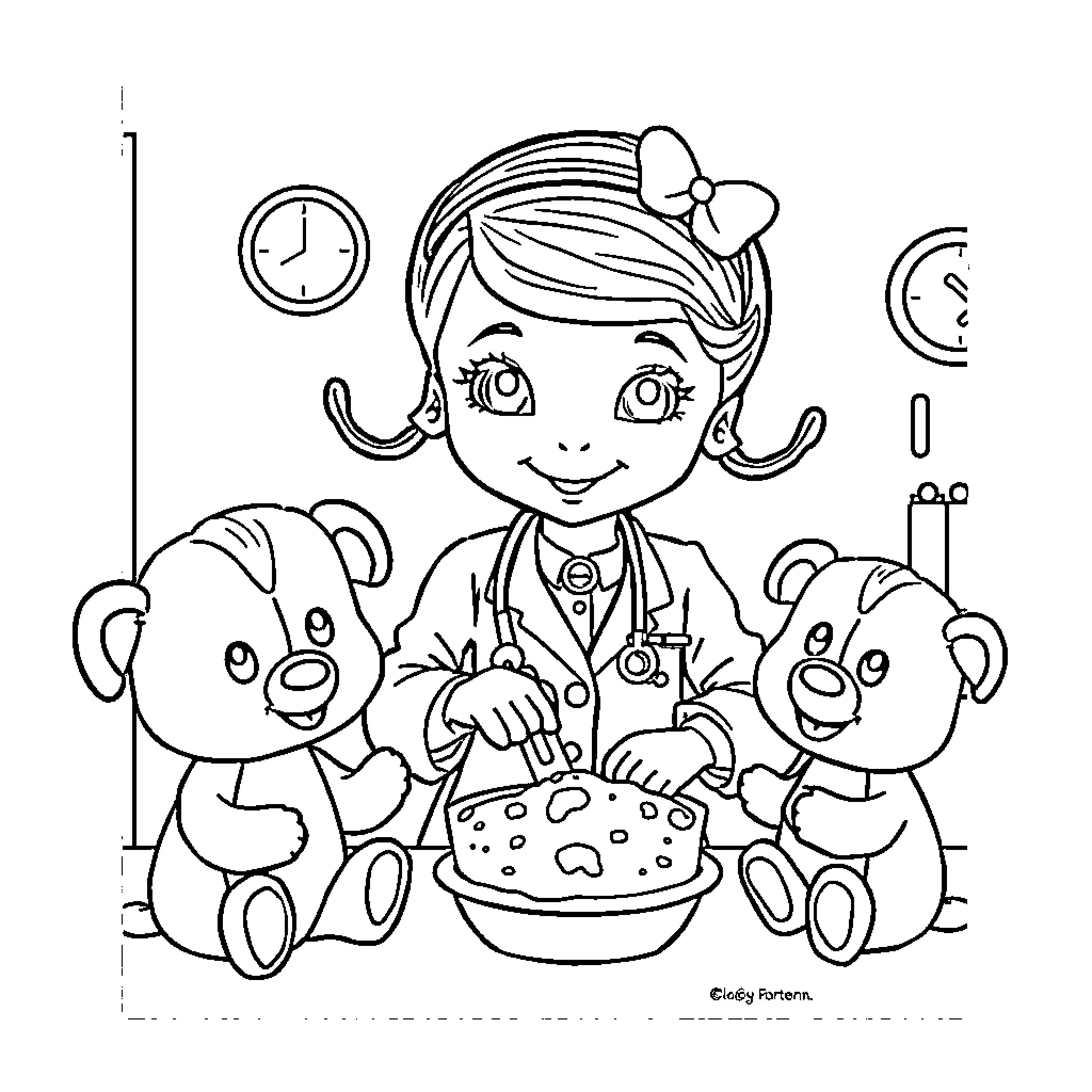 Doc McStuffins caring for her stuffed animal patients Coloring Page (free black-and-white line drawing printable PDF for all, from beginners to advanced learners, including children, teens, adults, and seniors)