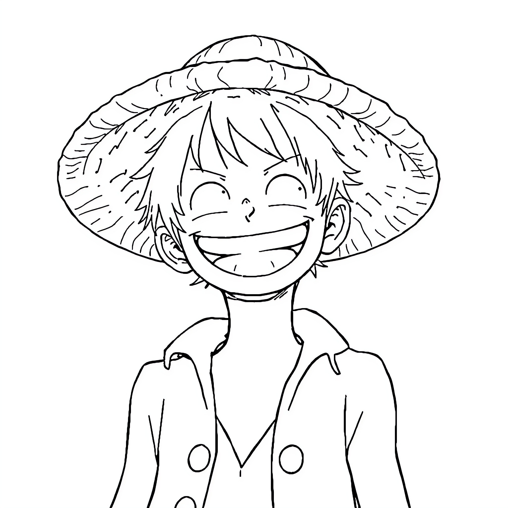 Luffy's Joyful Smile Under His Straw Hat Coloring Page (free black-and-white line drawing printable PDF for all, from beginners to advanced learners, including children, teens, adults, and seniors)