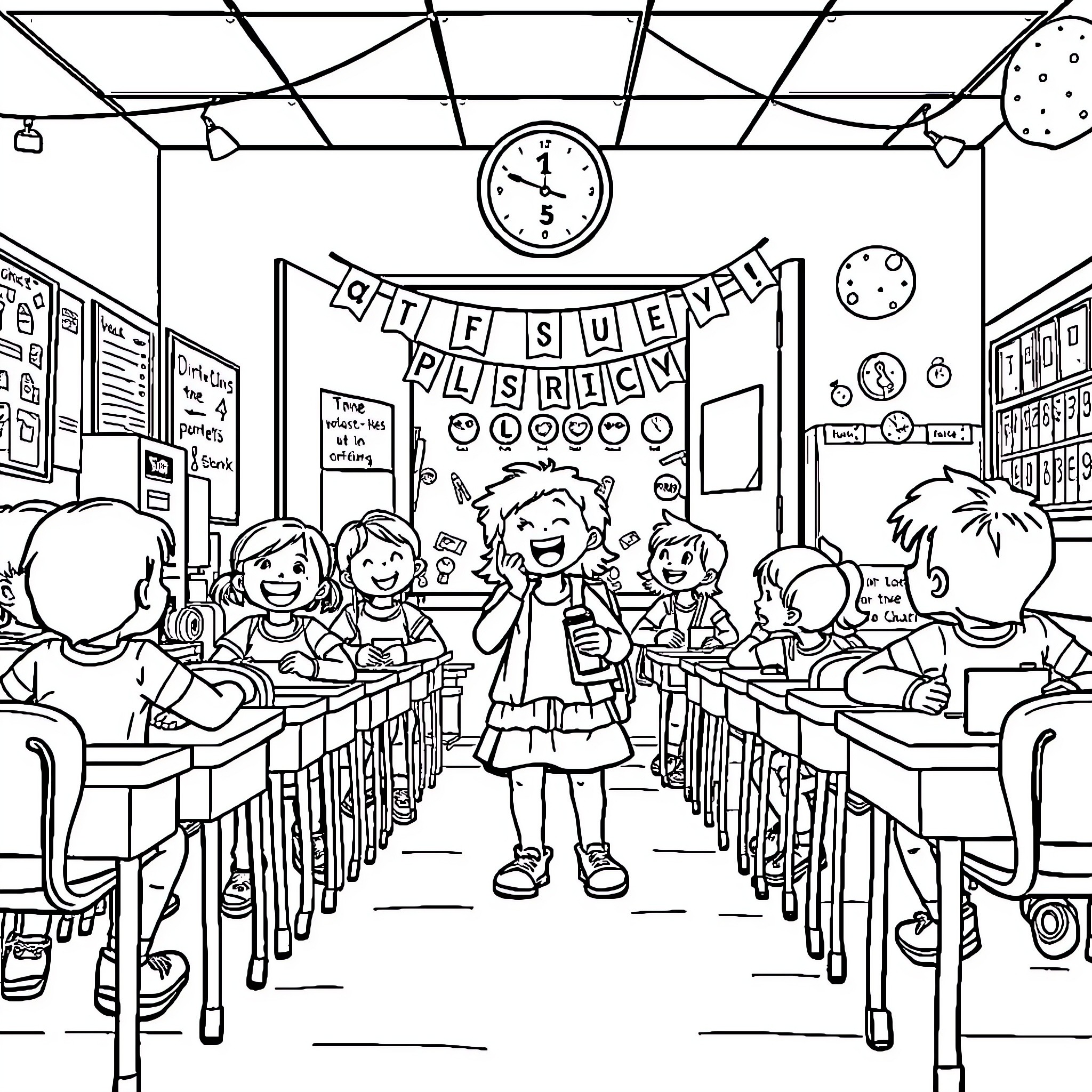 Child learning in cheerful classroom setting Coloring Page (free black-and-white line drawing printable PDF for all, from beginners to advanced learners, including children, teens, adults, and seniors)