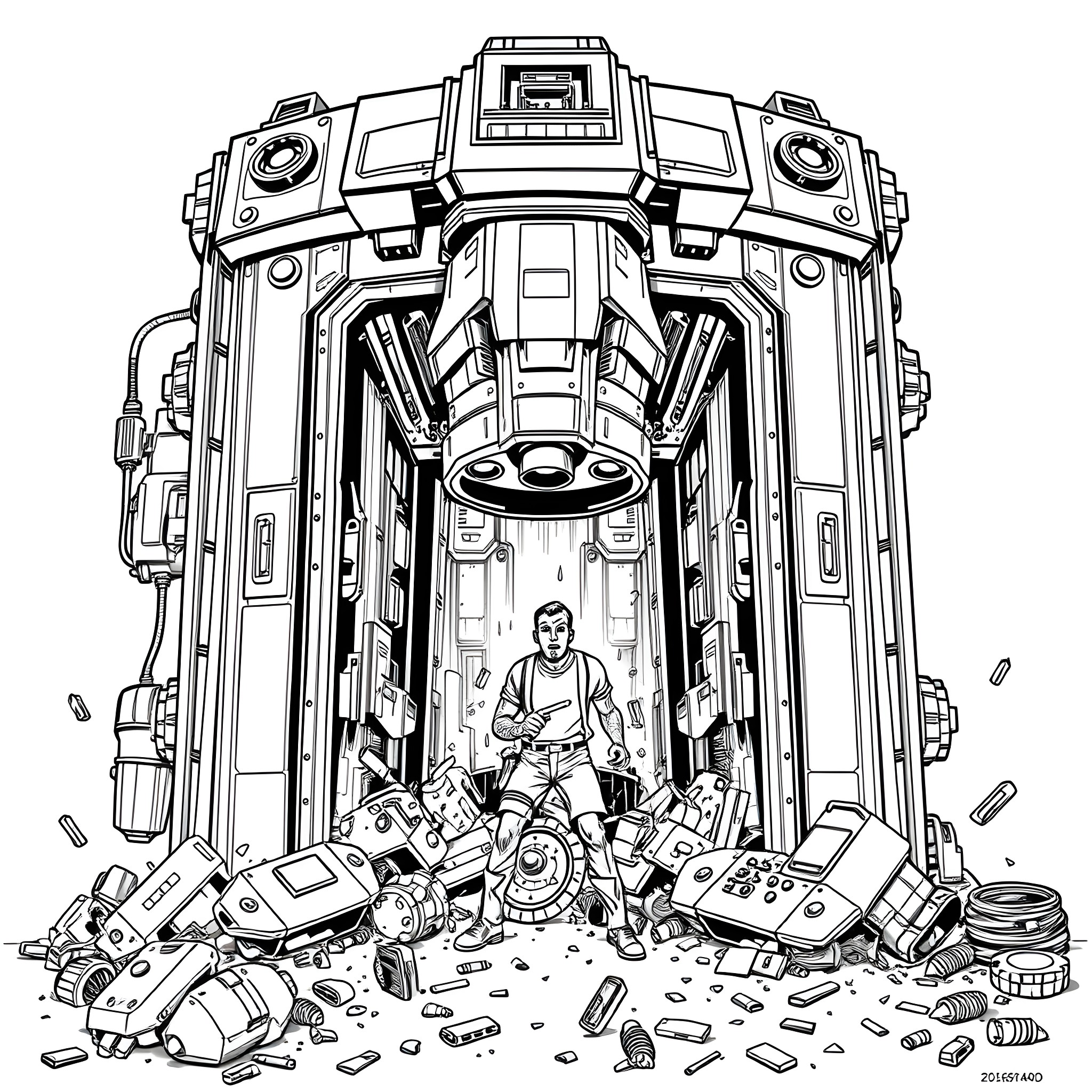 Trash Compactor with Mechanical Destruction and Chaos Coloring Page (free black-and-white line drawing printable PDF for all, from beginners to advanced learners, including children, teens, adults, and seniors)