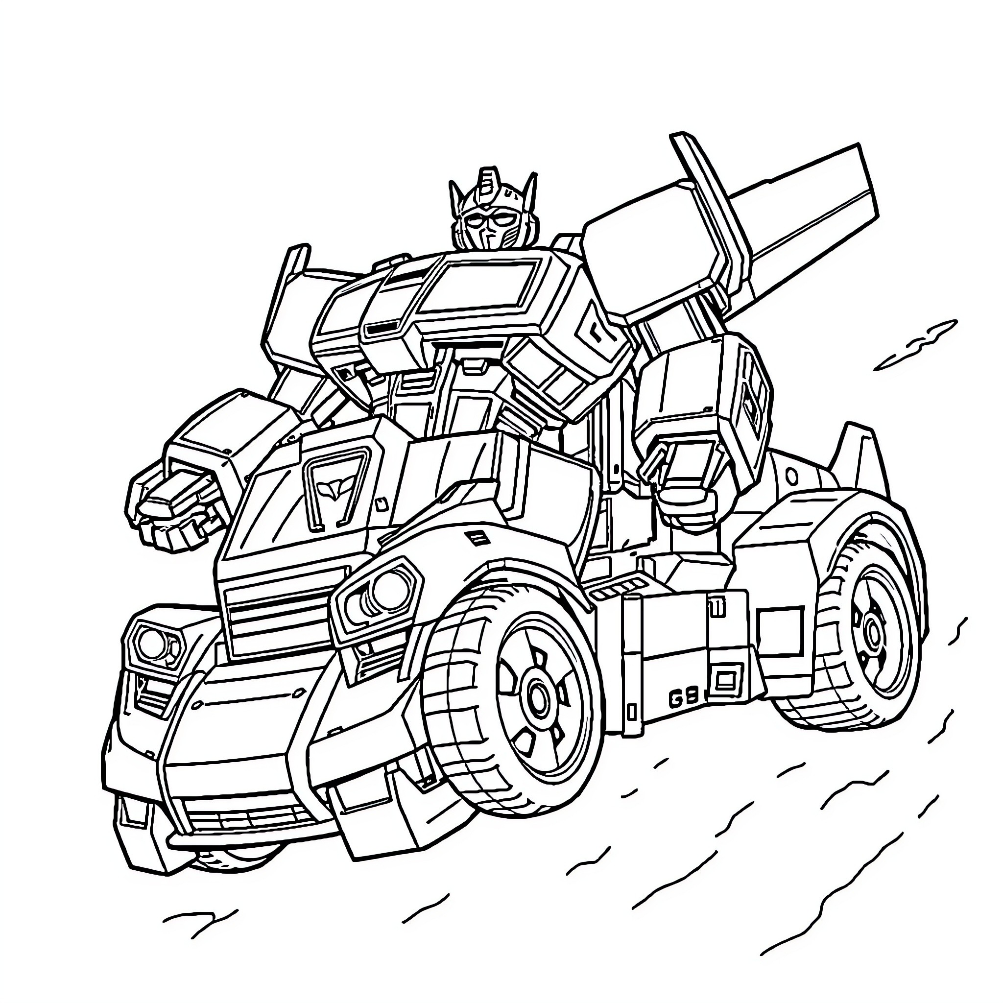 Transformer battle-ready vehicle speeding into action Coloring Page (free black-and-white line drawing printable PDF for all, from beginners to advanced learners, including children, teens, adults, and seniors)