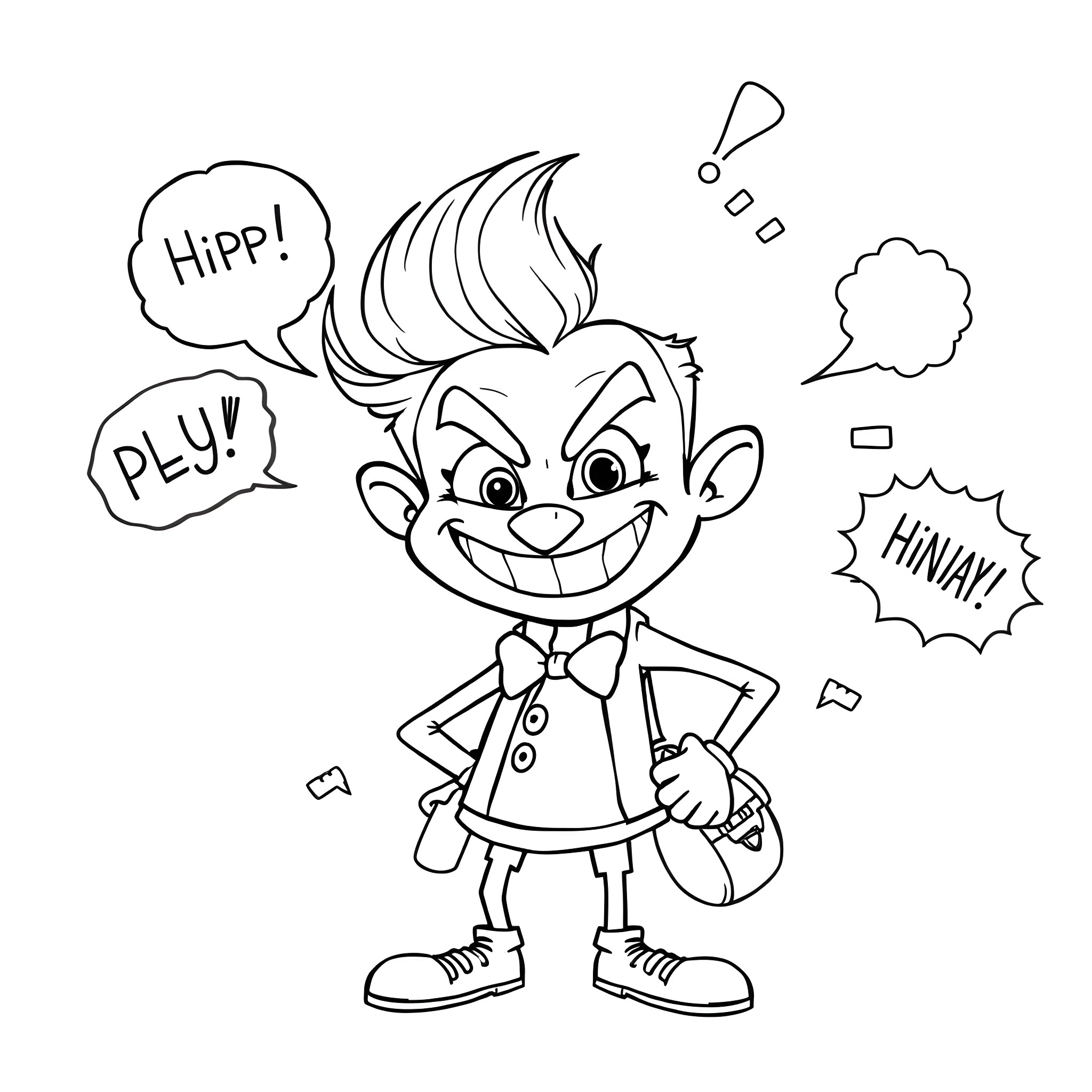 Butt playing happily with speech bubbles and expressions Coloring Page (free black-and-white line drawing printable PDF for all, from beginners to advanced learners, including children, teens, adults, and seniors)