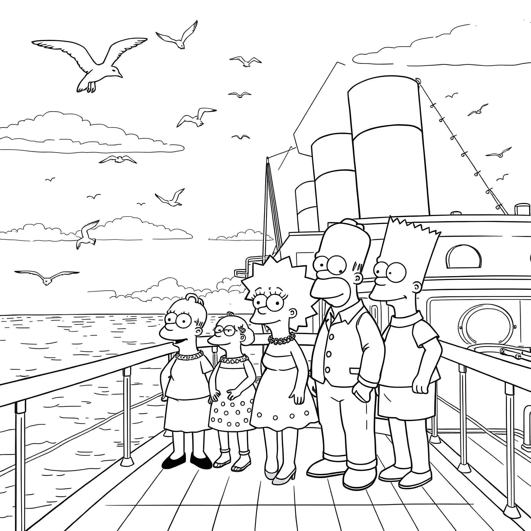 Simpson family visiting a harbor scenic view Coloring Page (free black-and-white line drawing printable PDF for all, from beginners to advanced learners, including children, teens, adults, and seniors)