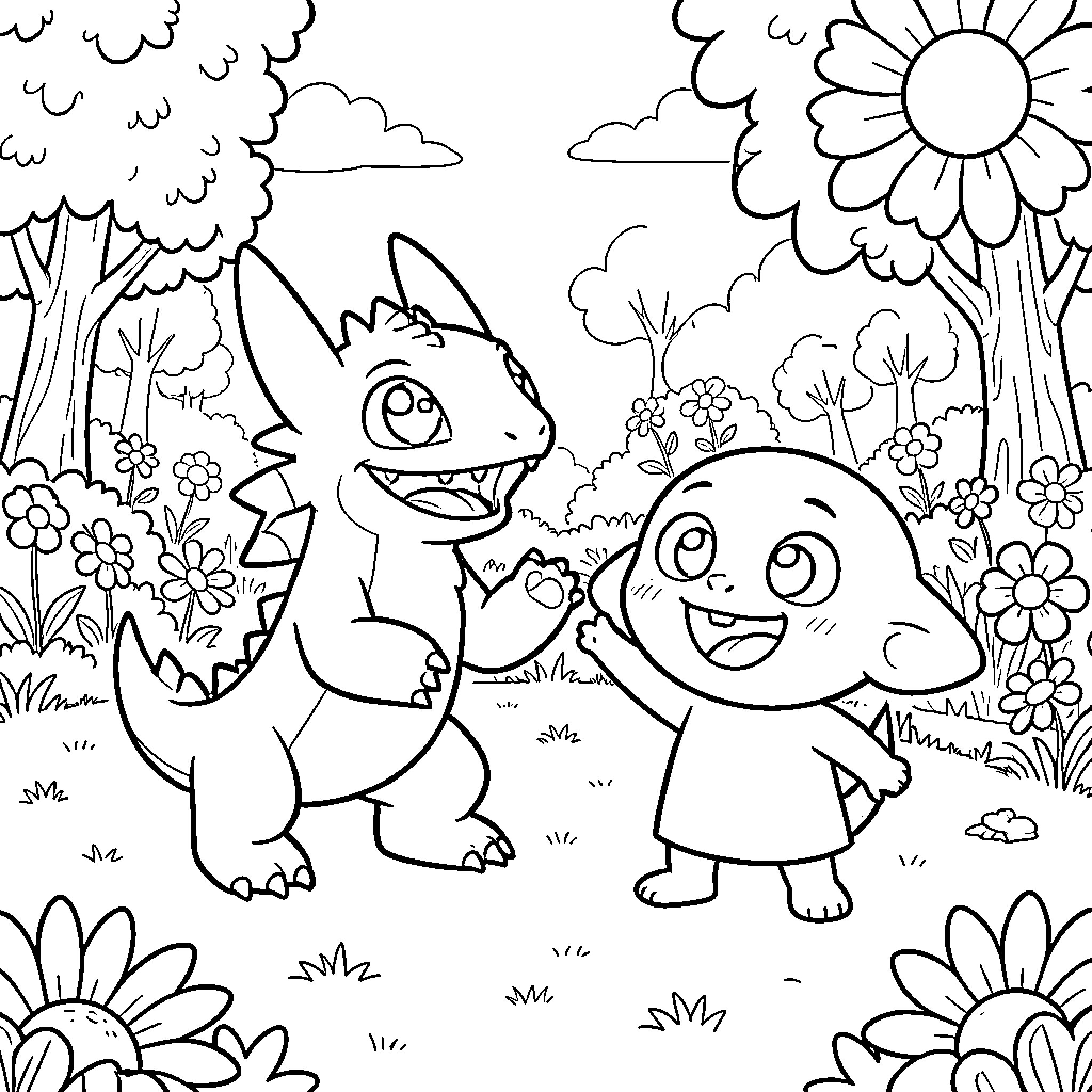 Toothless friends explore the magical forest Coloring Page (free black-and-white line drawing printable PDF for all, from beginners to advanced learners, including children, teens, adults, and seniors)