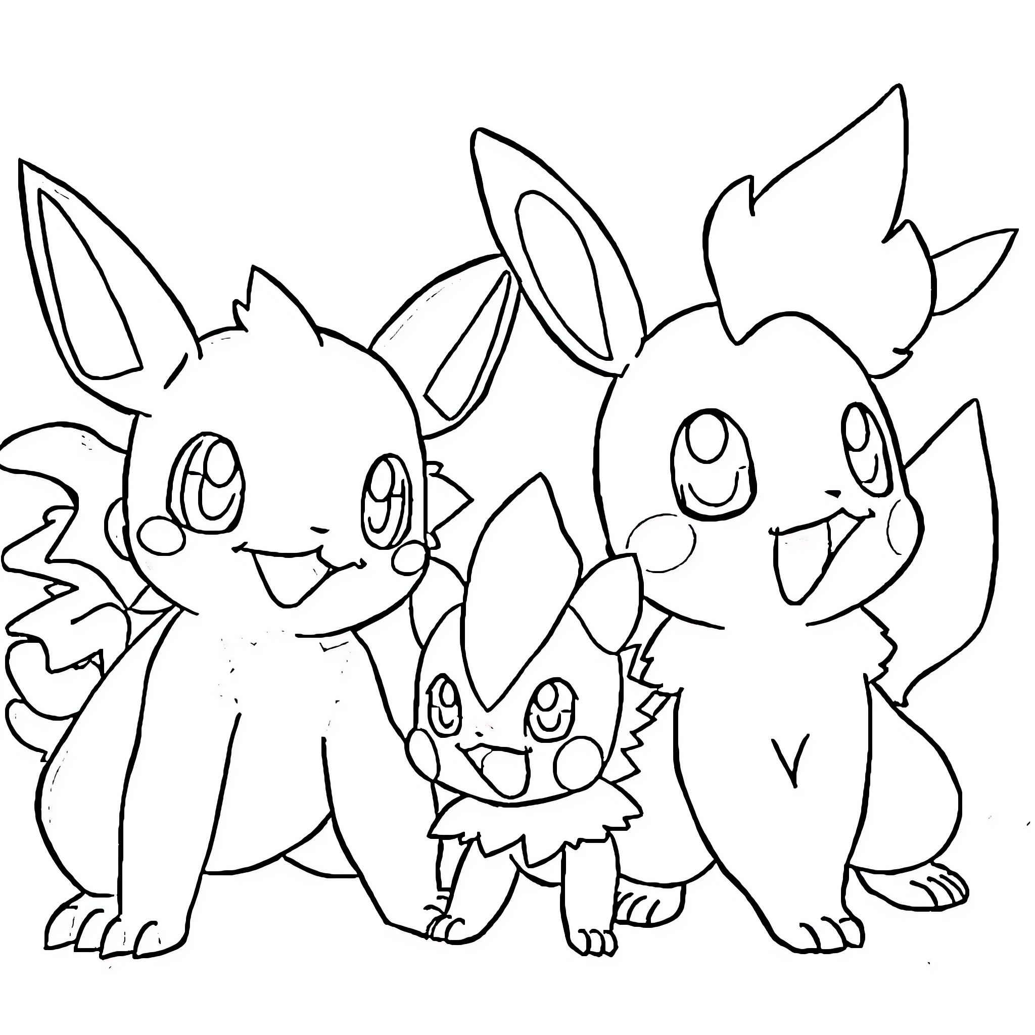 Pokémon Trio Gathered Together Coloring Page (free black-and-white line drawing printable PDF for all, from beginners to advanced learners, including children, teens, adults, and seniors)
