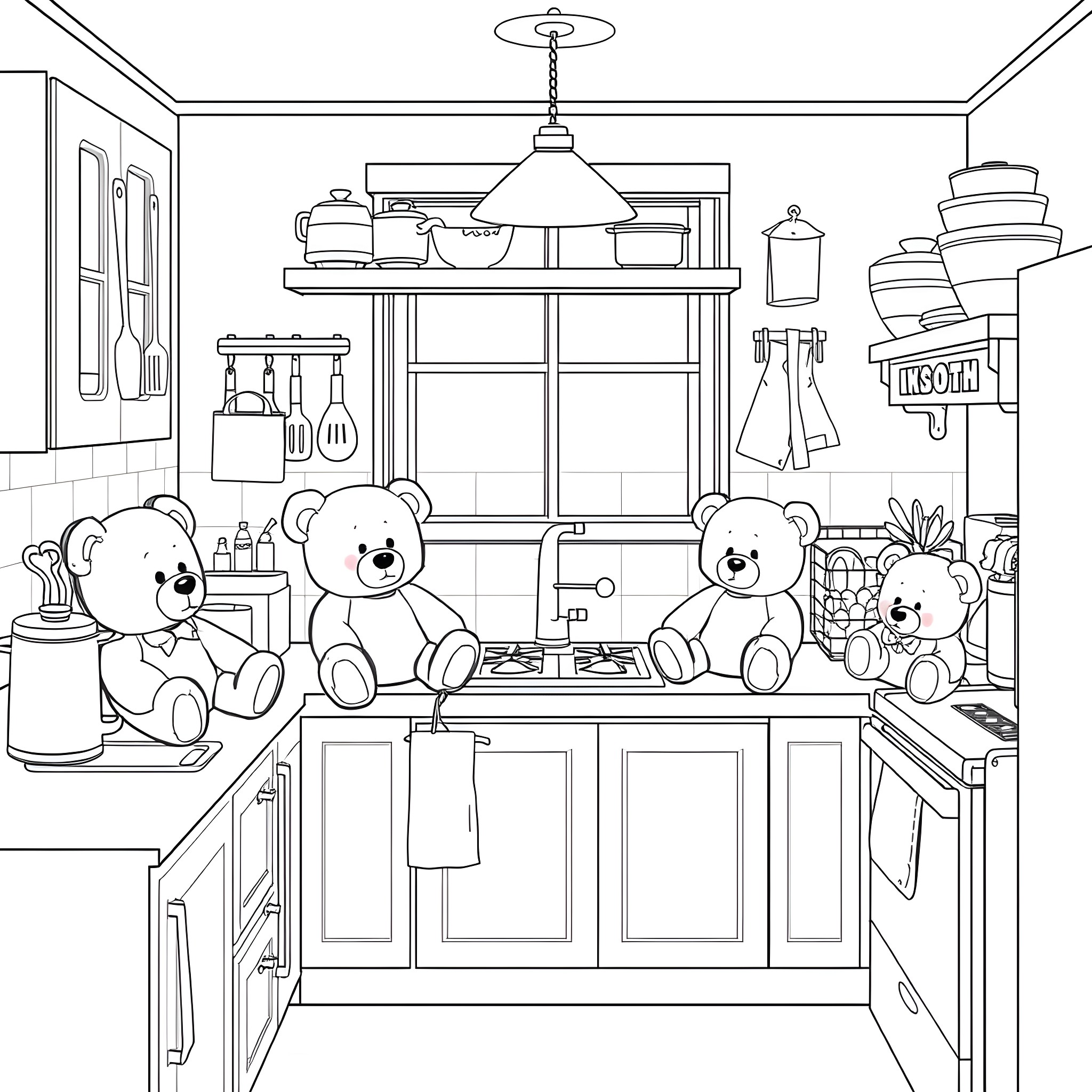 Teddy Bears Hanging Out in the Kitchen Coloring Page (free black-and-white line drawing printable PDF for all, from beginners to advanced learners, including children, teens, adults, and seniors)