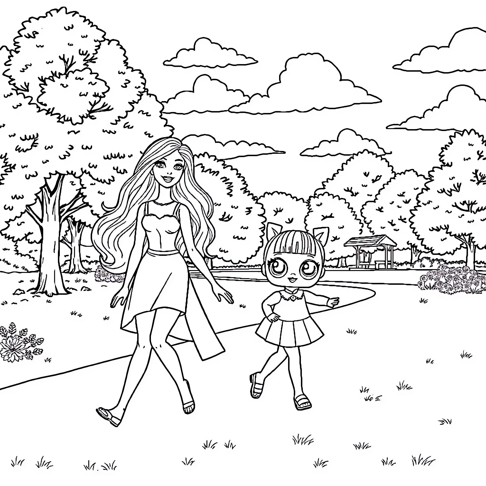 Barbie and a Girl Walking Together in a Park Coloring Page (free black-and-white line drawing printable PDF for all, from beginners to advanced learners, including children, teens, adults, and seniors)