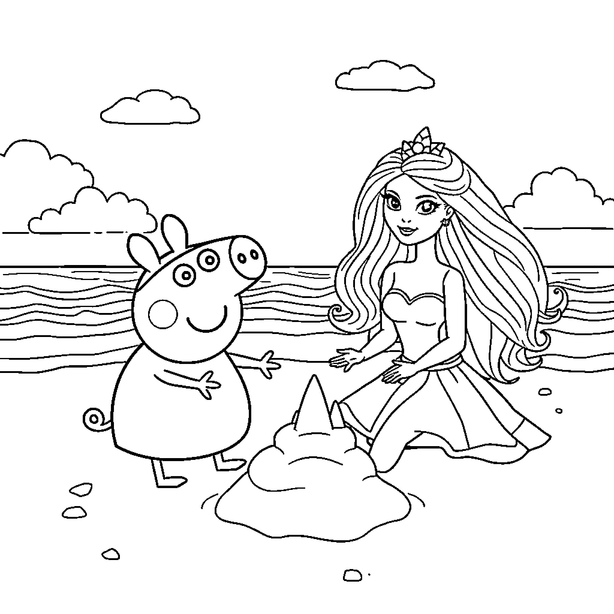 Peppa Pig and mermaid playing on the beach Coloring Page (free black-and-white line drawing printable PDF for all, from beginners to advanced learners, including children, teens, adults, and seniors)