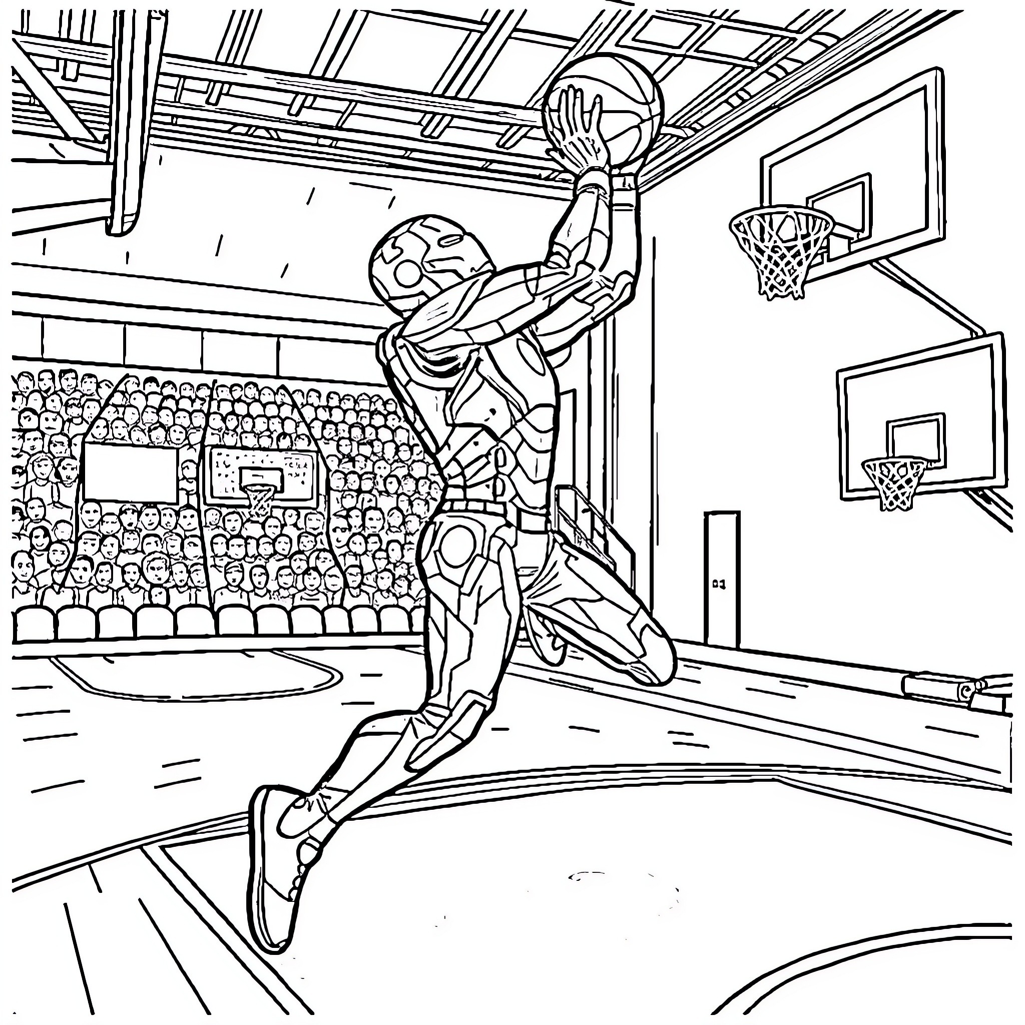 Ironman playing basketball in a sports arena Coloring Page (free black-and-white line drawing printable PDF for all, from beginners to advanced learners, including children, teens, adults, and seniors)