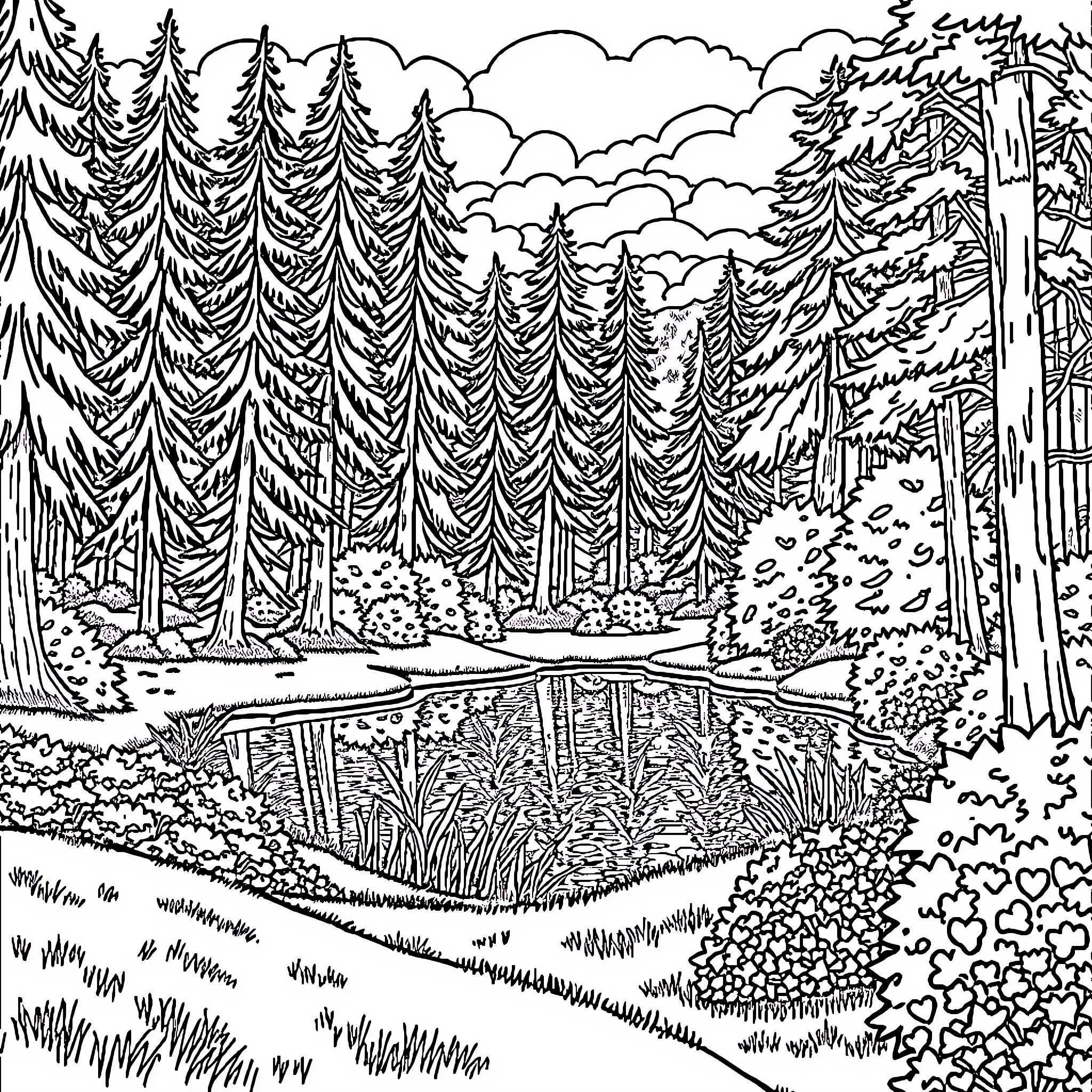 Forest scenery with lush vegetation and flowing stream Coloring Page (free black-and-white line drawing printable PDF for all, from beginners to advanced learners, including children, teens, adults, and seniors)