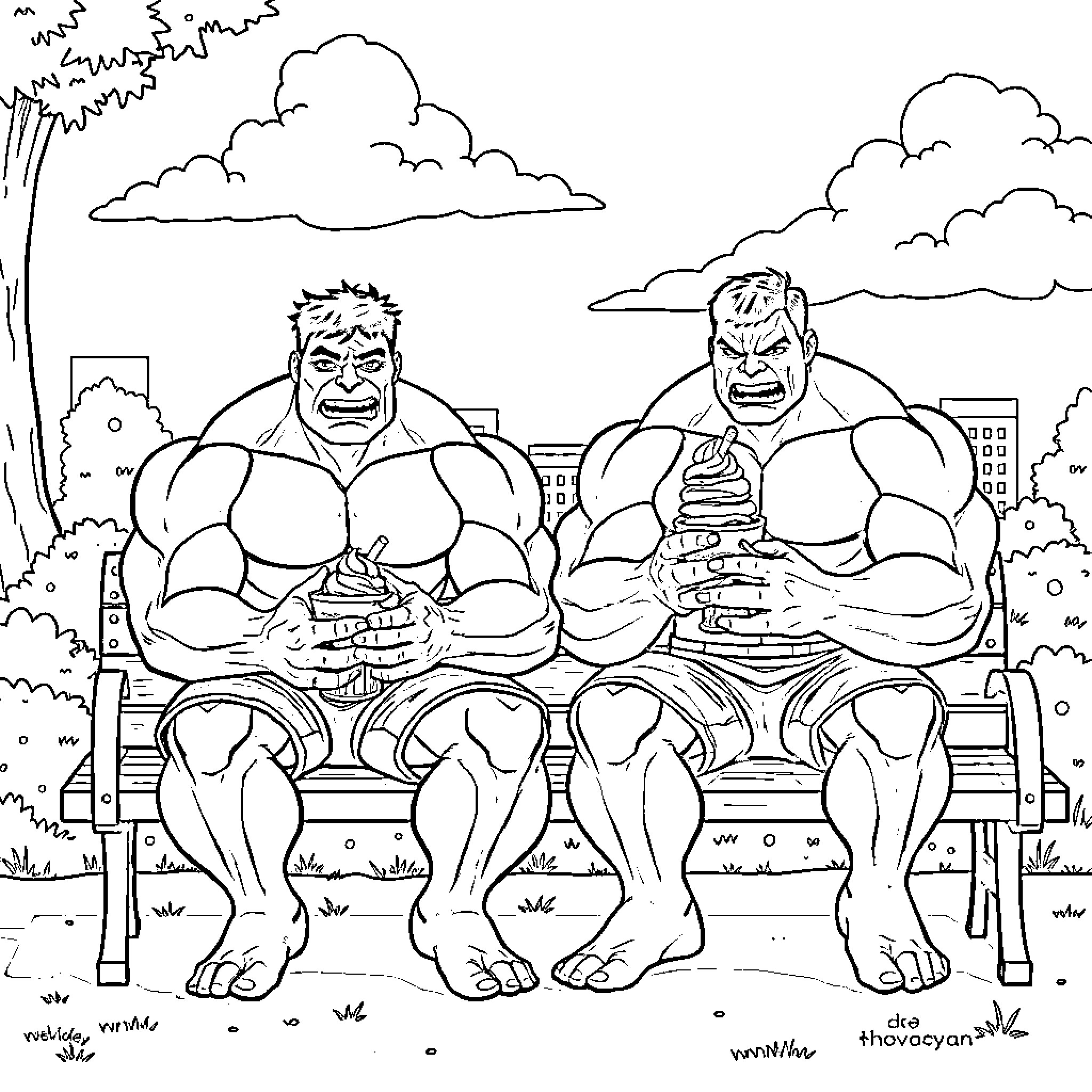 Hulk Superheroes Relaxing on the Bench Coloring Page (free black-and-white line drawing printable PDF for all, from beginners to advanced learners, including children, teens, adults, and seniors)