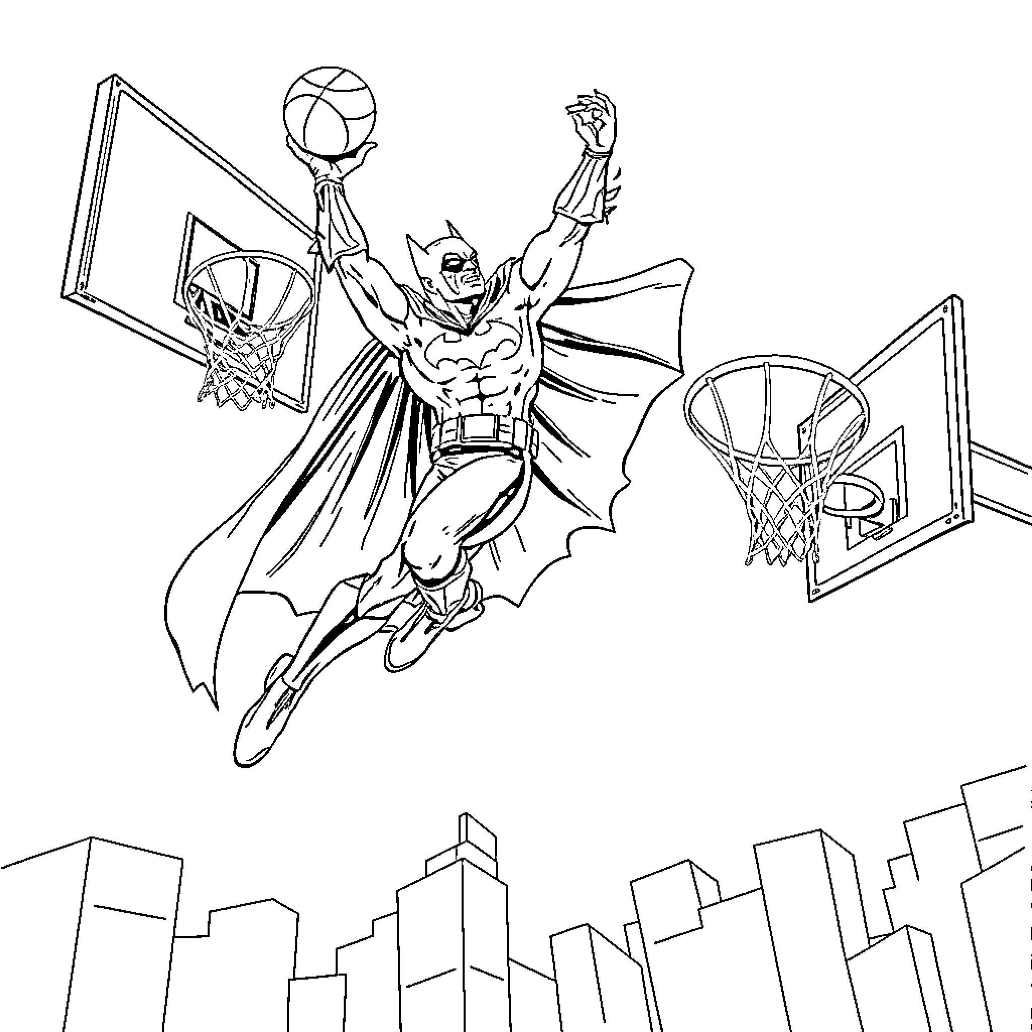 Batman soaring through the city with basketball Coloring Page (free black-and-white line drawing printable PDF for all, from beginners to advanced learners, including children, teens, adults, and seniors)