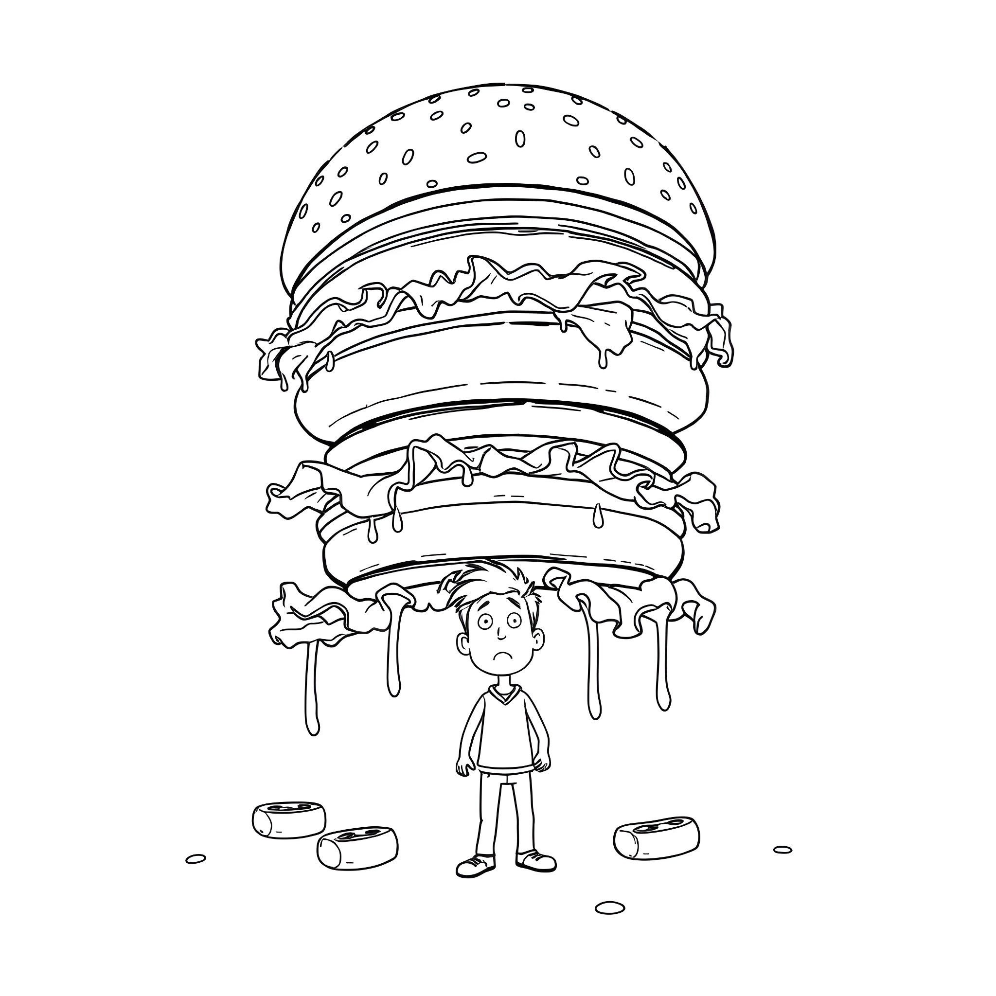 Burger Overwhelms Cartoon Character Coloring Page (free black-and-white line drawing printable PDF for all, from beginners to advanced learners, including children, teens, adults, and seniors)