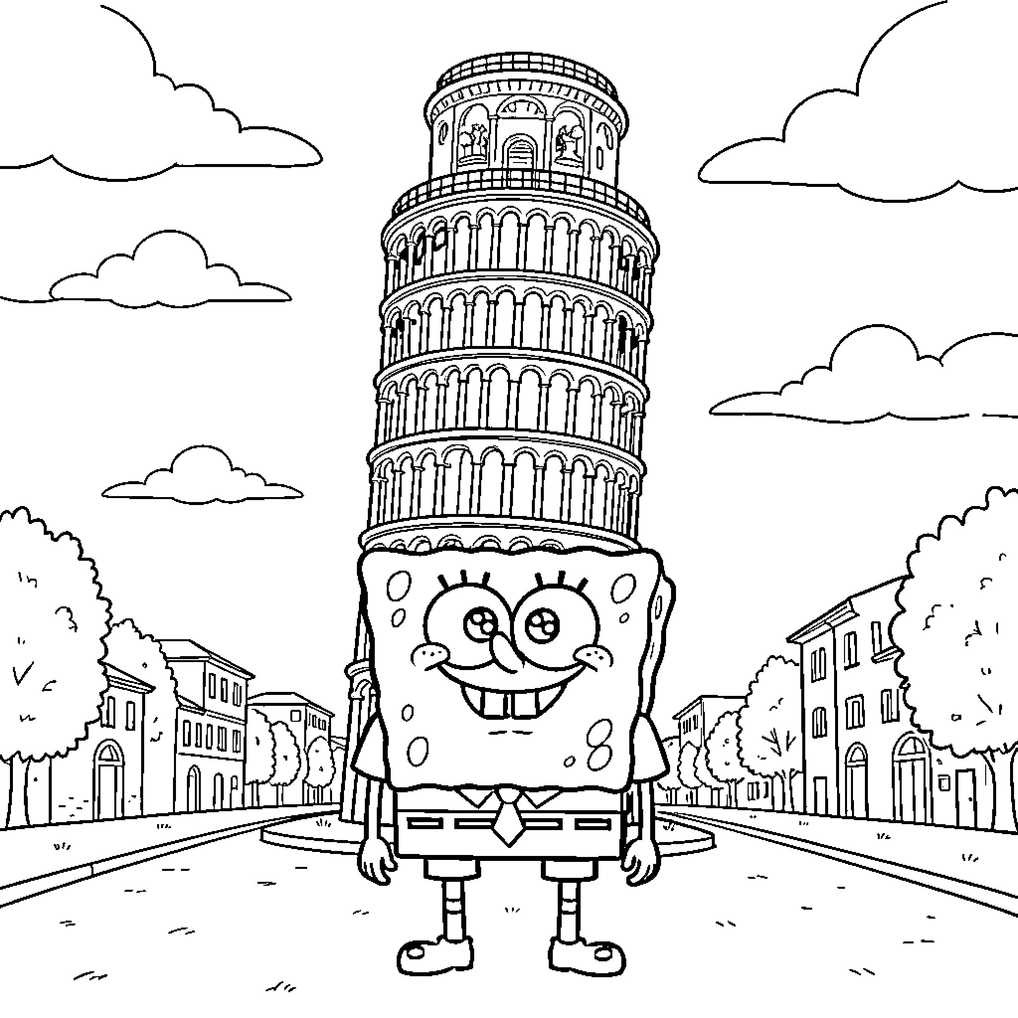 Spongebob smiling in front of the Leaning Tower of Pisa Coloring Page (free black-and-white line drawing printable PDF for all, from beginners to advanced learners, including children, teens, adults, and seniors)
