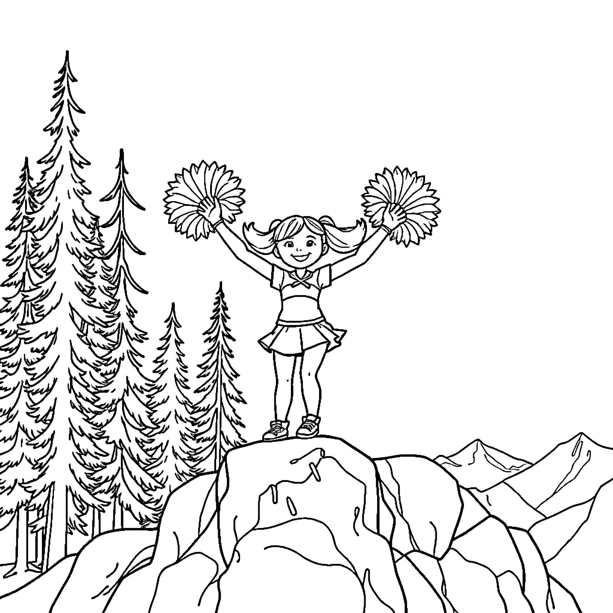 Cheerleader celebrating on mountain peak Coloring Page (free black-and-white line drawing printable PDF for all, from beginners to advanced learners, including children, teens, adults, and seniors)