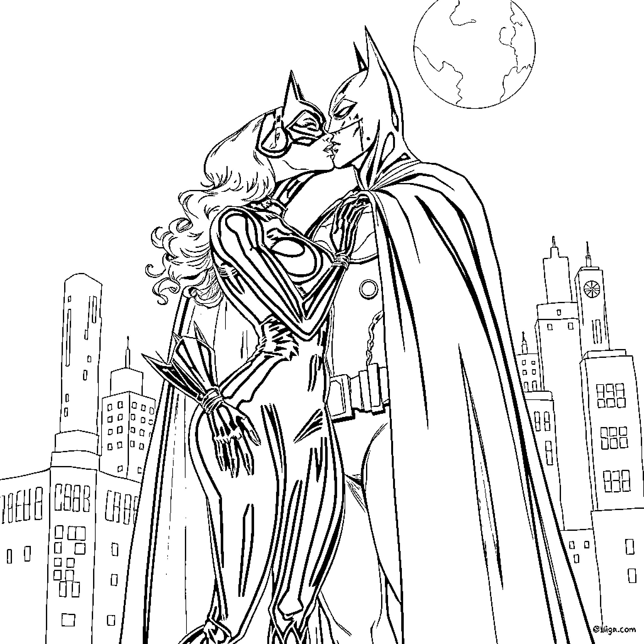 Catwoman embracing the night in the city skyline Coloring Page (free black-and-white line drawing printable PDF for all, from beginners to advanced learners, including children, teens, adults, and seniors)