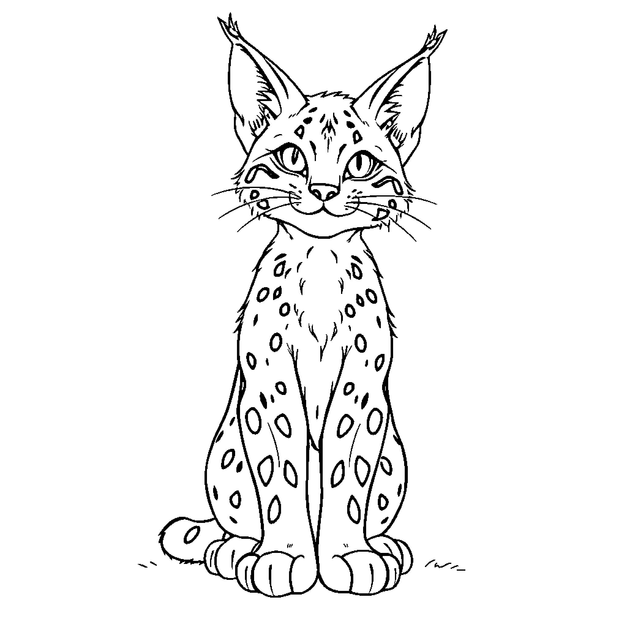 Lynx with alert expression and spotted fur Coloring Page (free black-and-white line drawing printable PDF for all, from beginners to advanced learners, including children, teens, adults, and seniors)