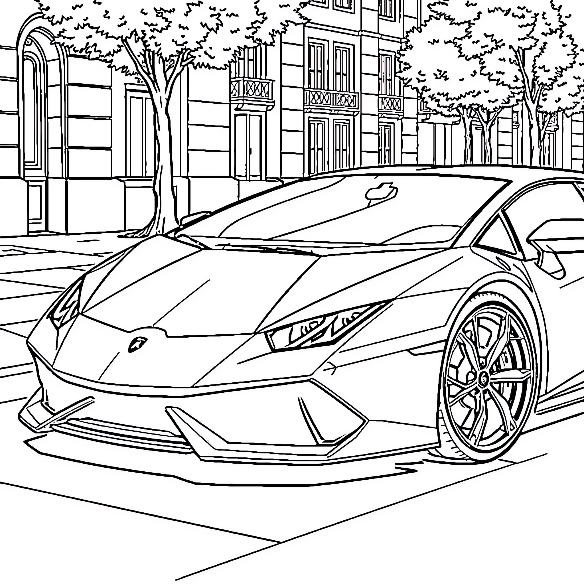 Lamborghini sports car on city street Coloring Page (free black-and-white line drawing printable PDF for all, from beginners to advanced learners, including children, teens, adults, and seniors)